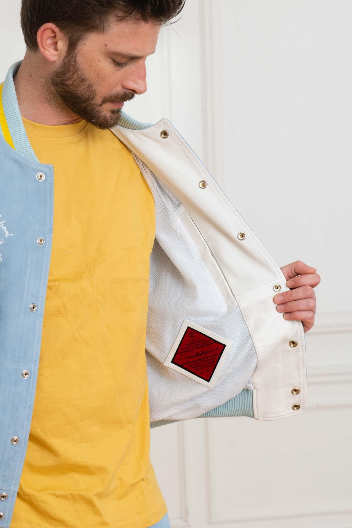 Embroidered yellow/blue/white leather varsity teddy - Image n°3