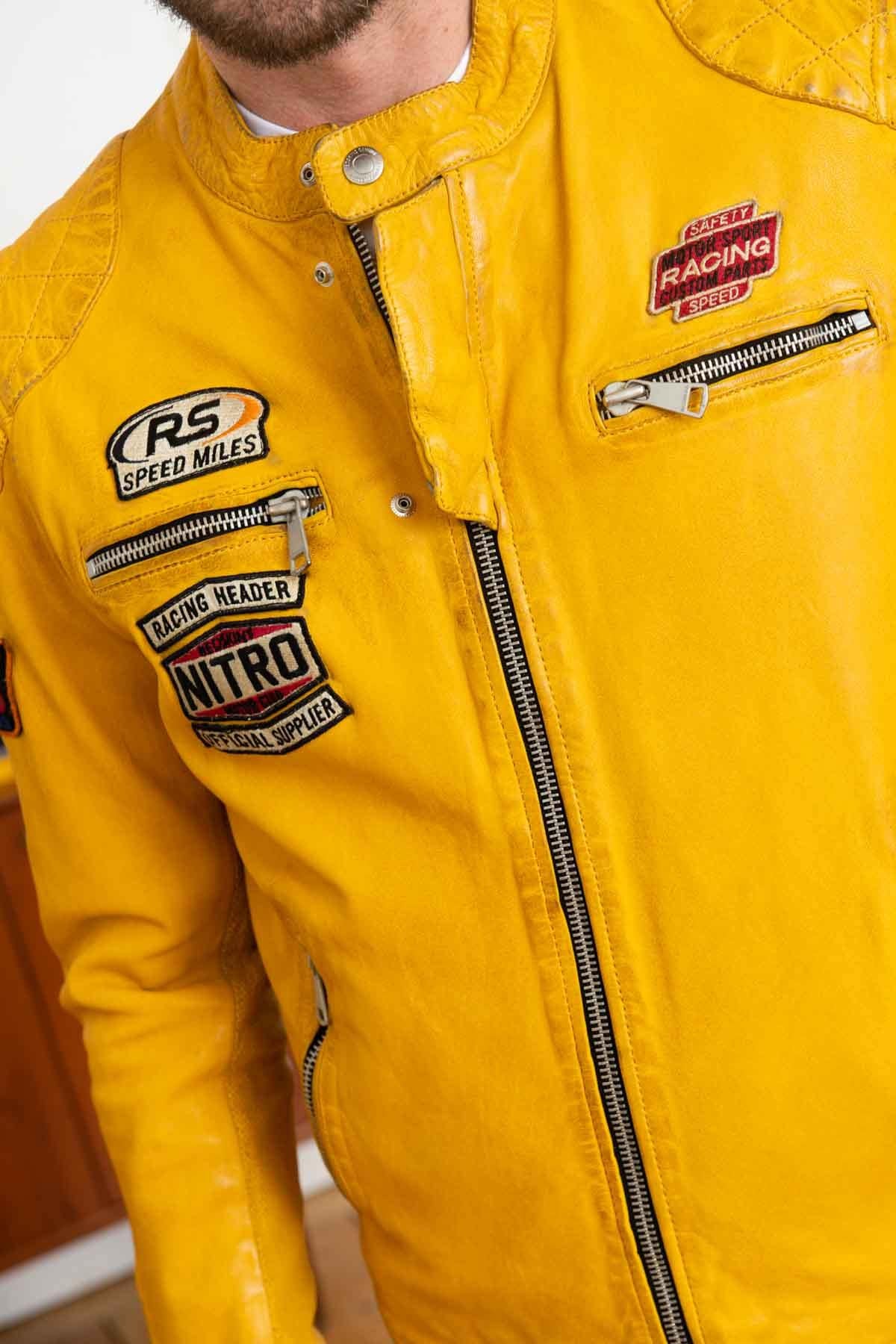 Yellow patched biker collar leather jacket - Image n°6