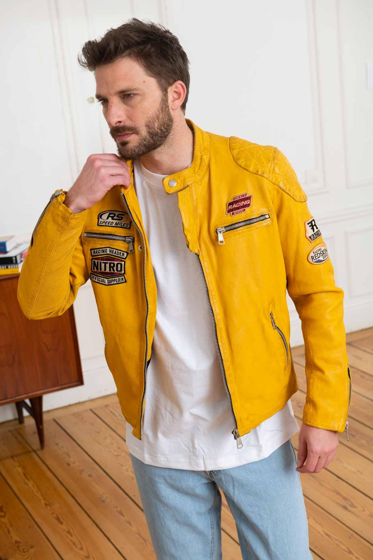 Yellow patched biker collar leather jacket - Image n°1