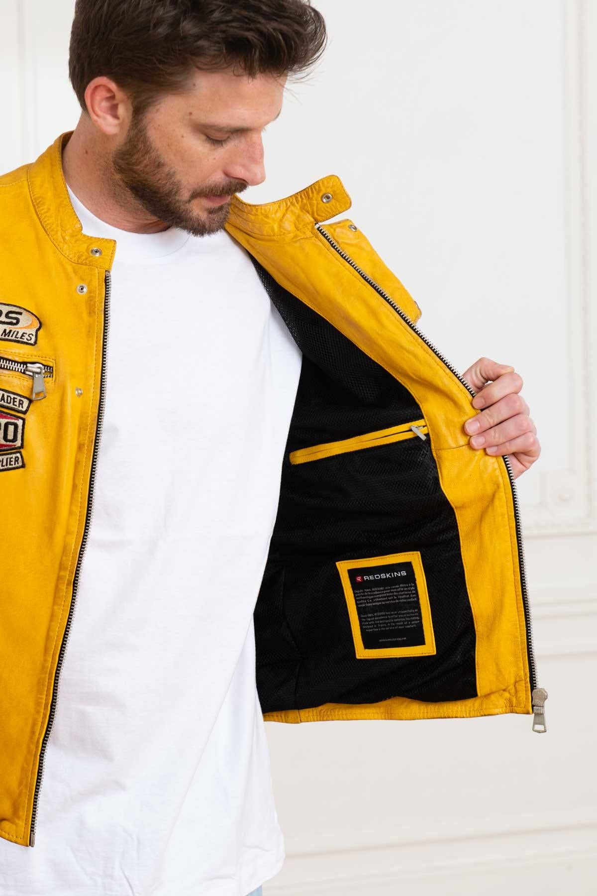 Yellow patched biker collar leather jacket - Image n°3