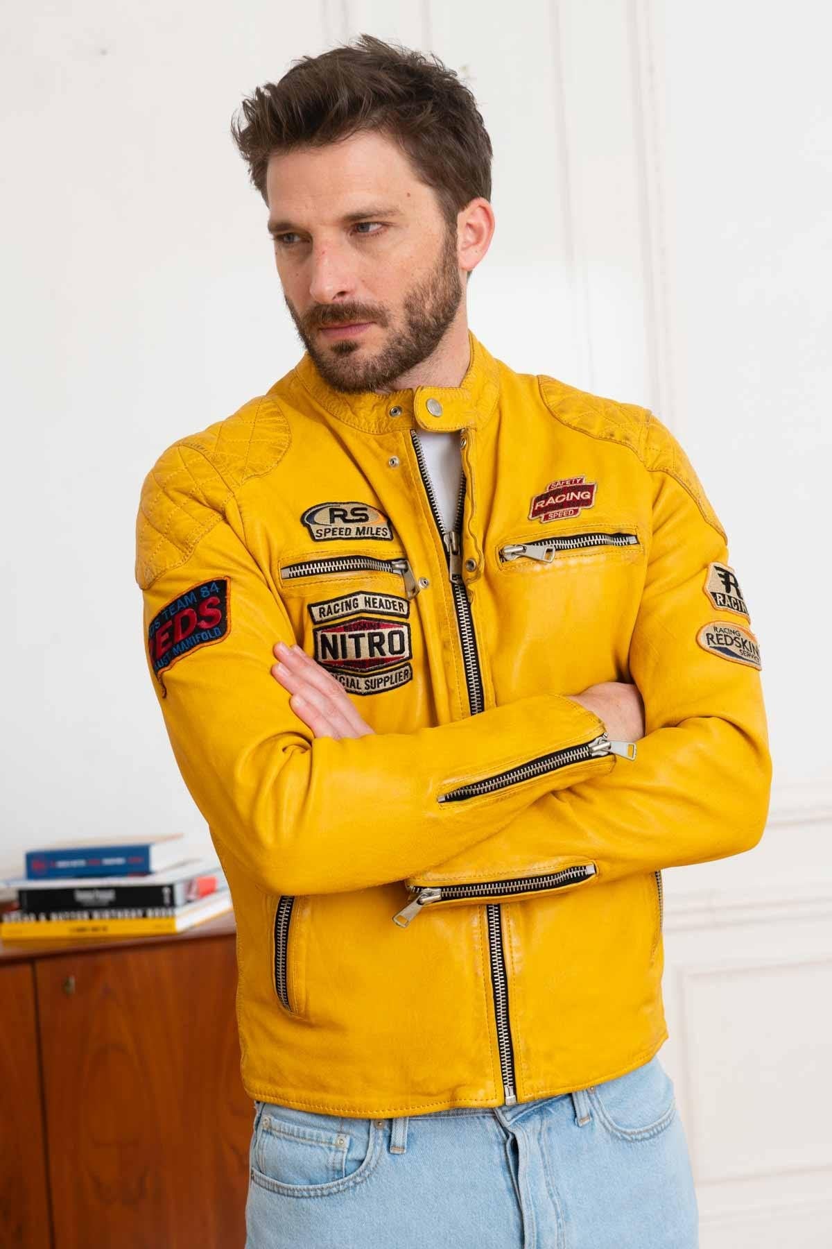 Yellow patched biker collar leather jacket - Image n°4