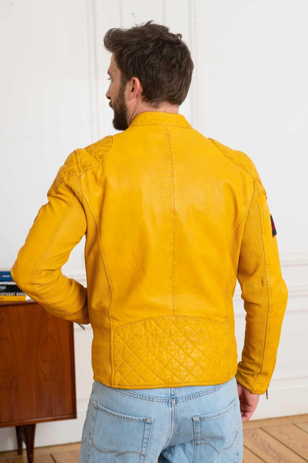 Yellow patched biker collar leather jacket - Image n°5