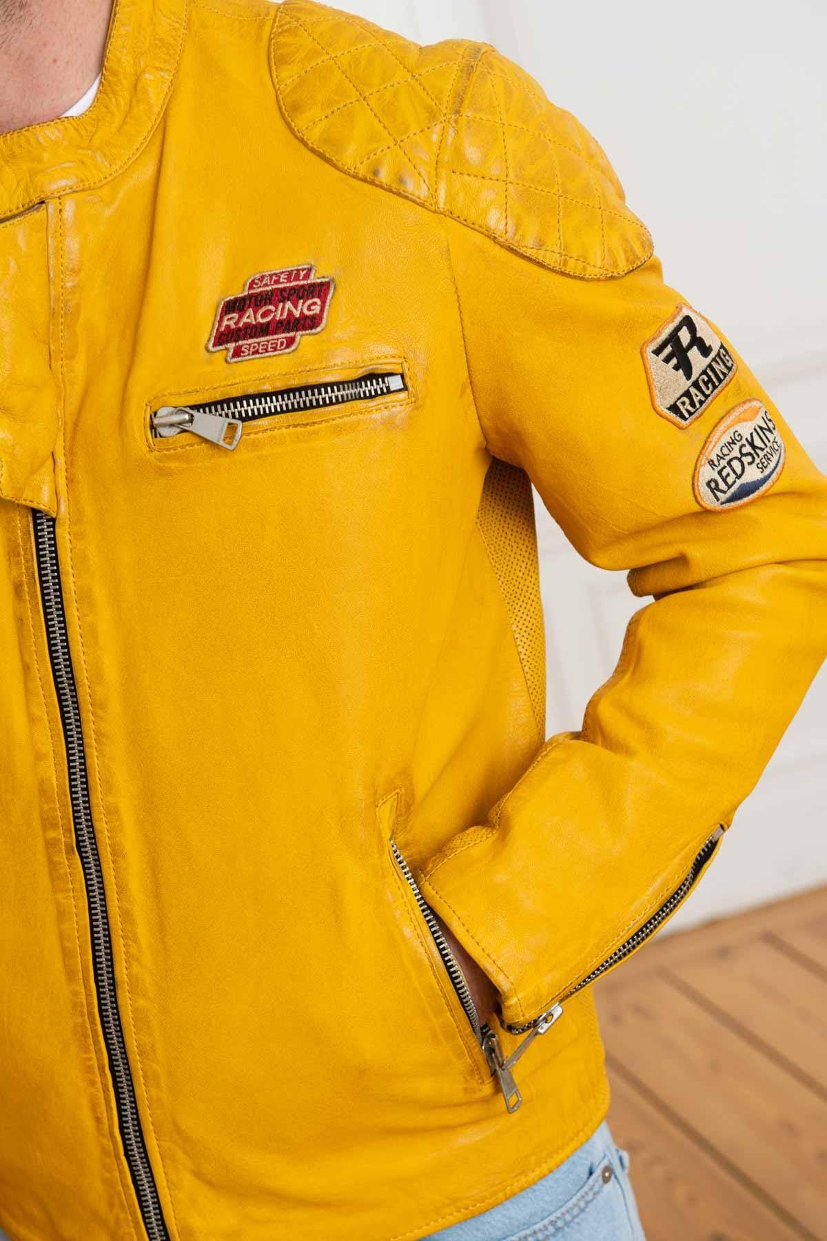 Yellow patched biker collar leather jacket - Image n°8