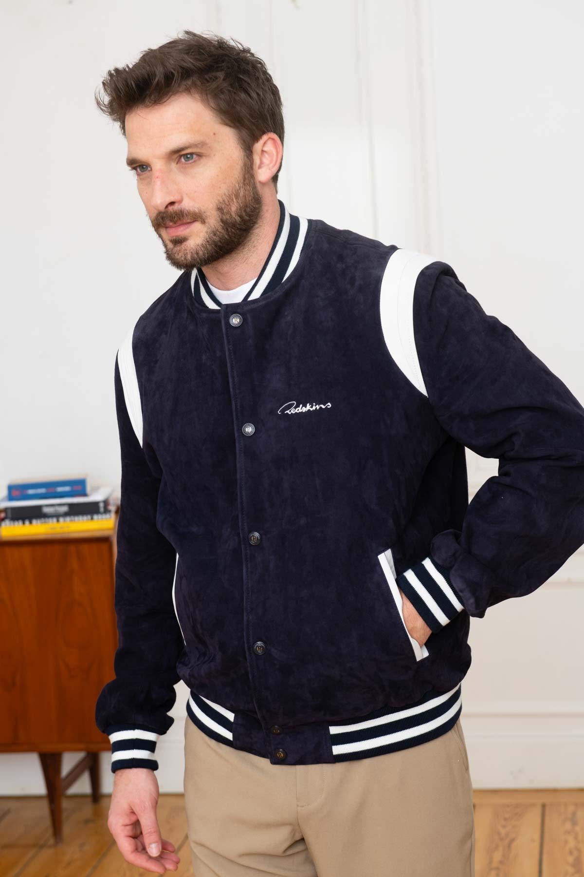 Embroidered Navy/White Leather Varsity Teddy - Image n°1