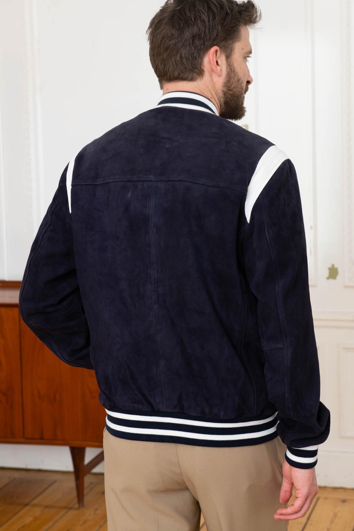 Embroidered Navy/White Leather Varsity Teddy - Image n°5