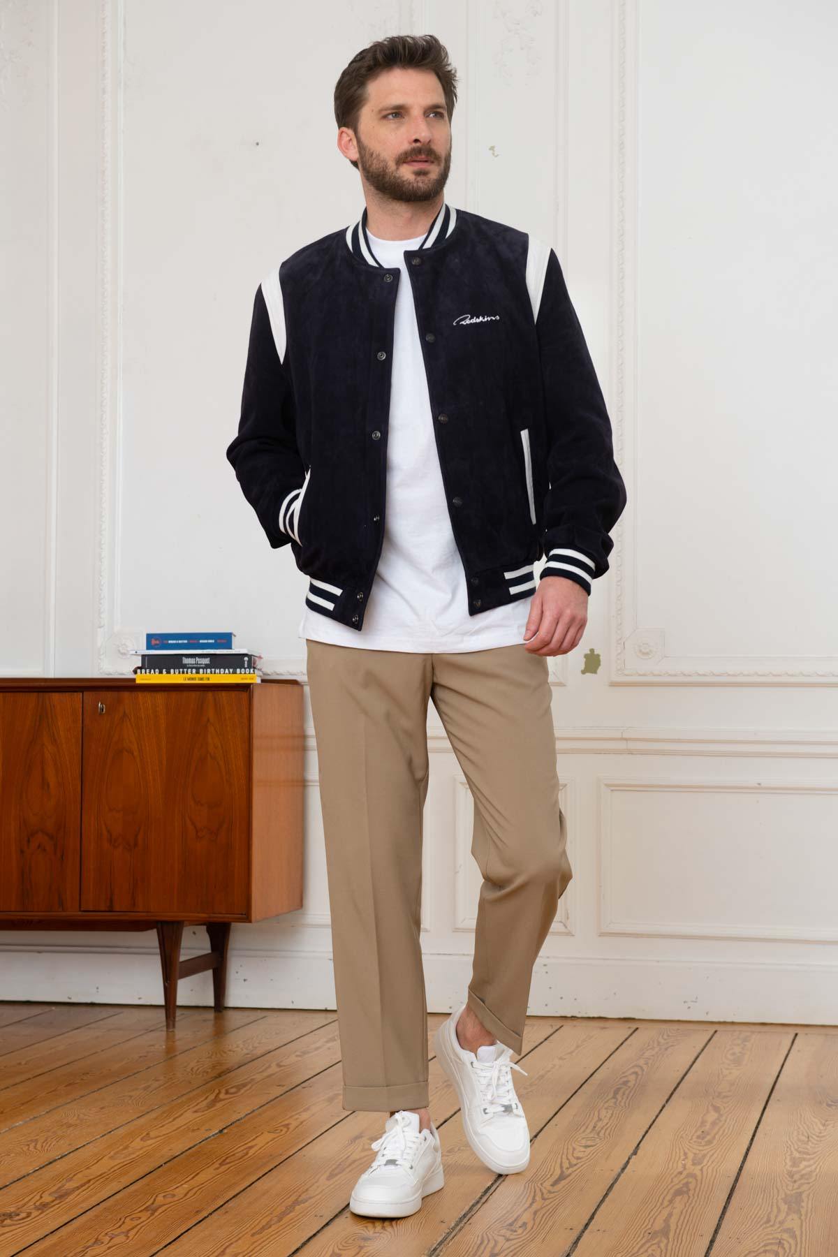 Embroidered Navy/White Leather Varsity Teddy - Image n°2