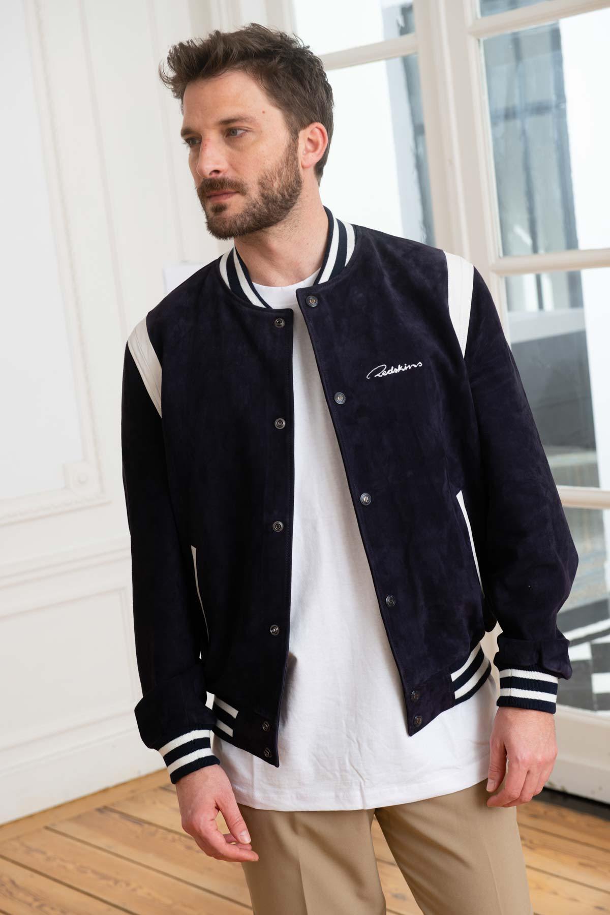 Embroidered Navy/White Leather Varsity Teddy - Image n°3