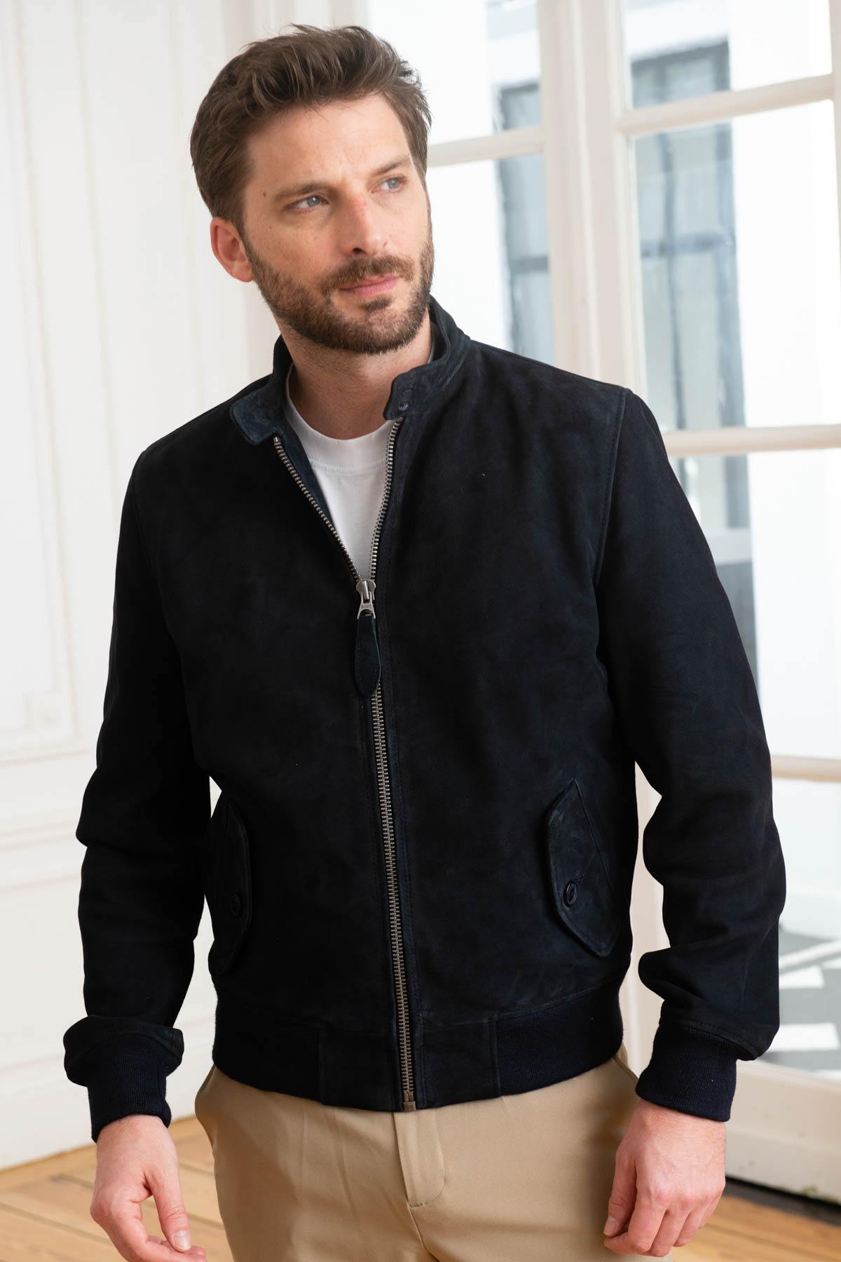 Navy blue suede leather jacket with biker collar - Image n°1