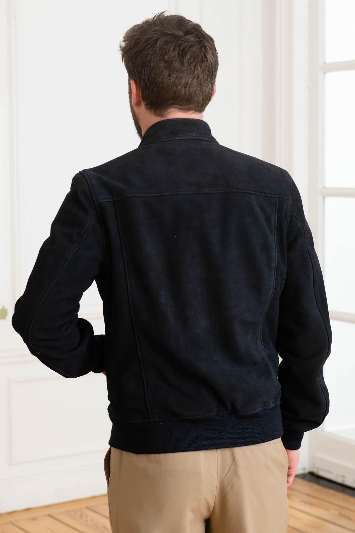 Navy blue suede leather jacket with biker collar - Image n°5