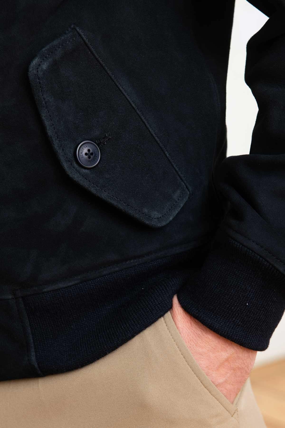 Navy blue suede leather jacket with biker collar - Image n°7