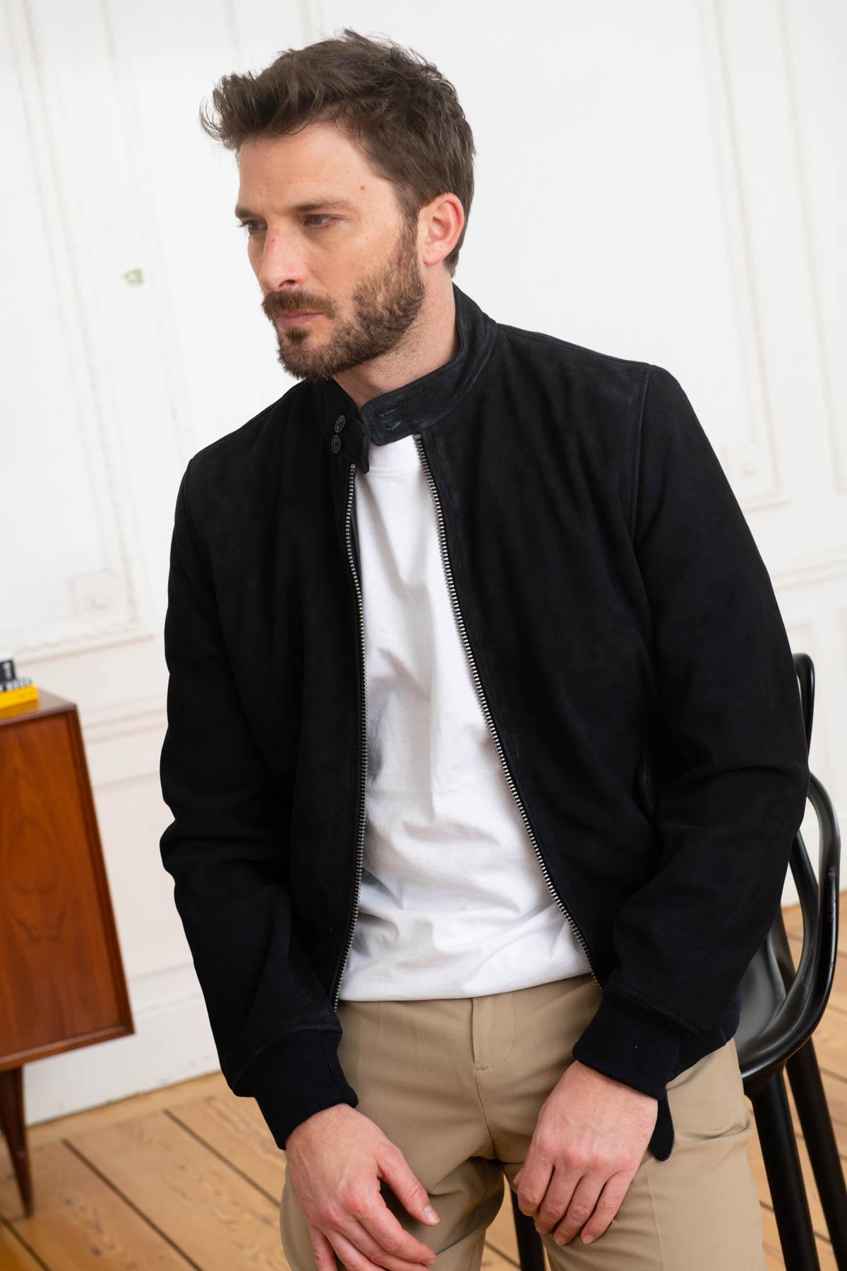 Navy blue suede leather jacket with biker collar - Image n°3