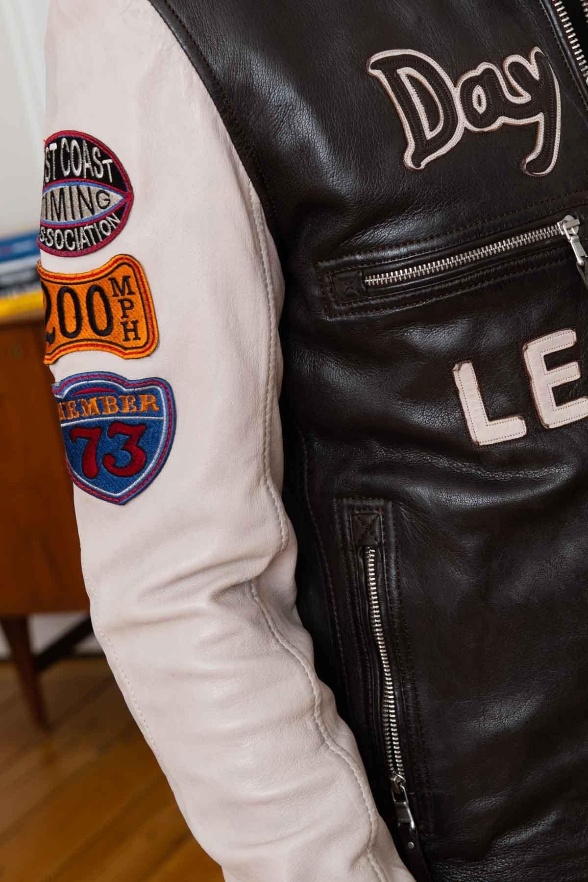 Brown/ecru patched leather jacket with biker collar - Image n°9