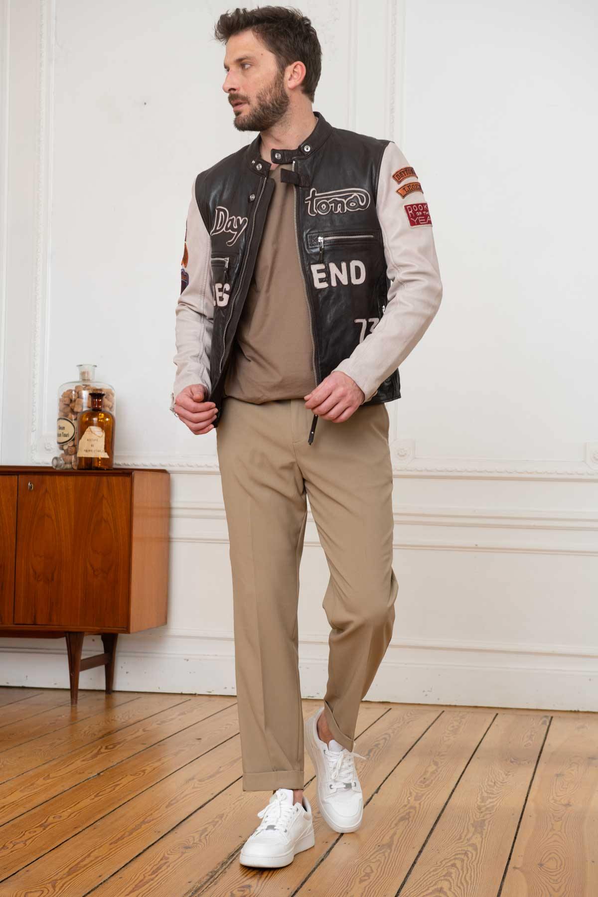 Brown/ecru patched leather jacket with biker collar - Image n°2