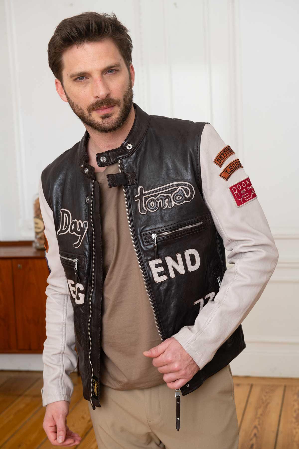 Brown/ecru patched leather jacket with biker collar - Image n°1