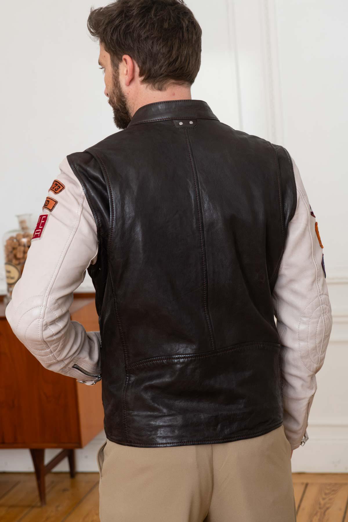 Brown/ecru patched leather jacket with biker collar - Image n°5