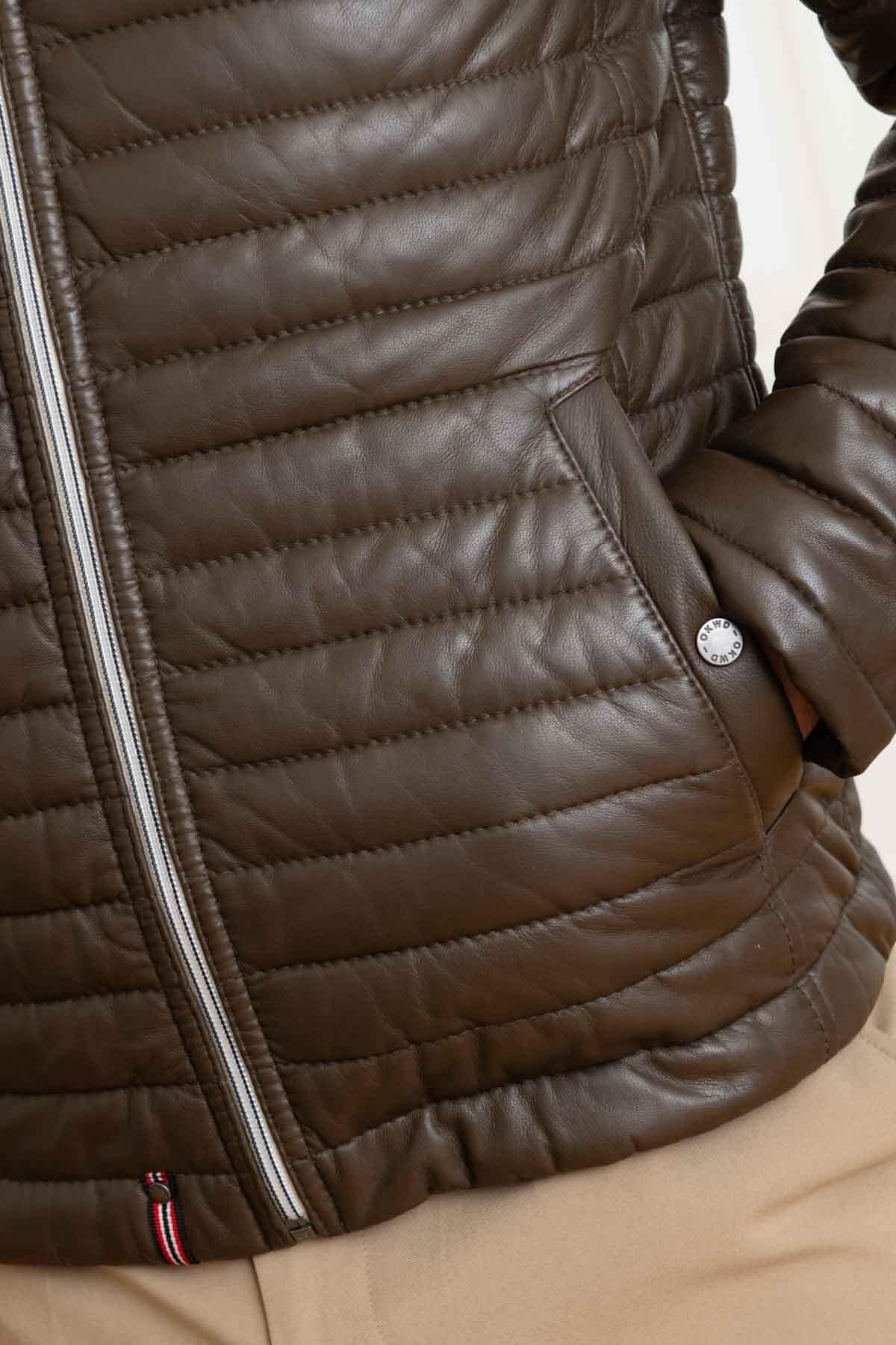 Brown quilted leather jacket - Image n°7