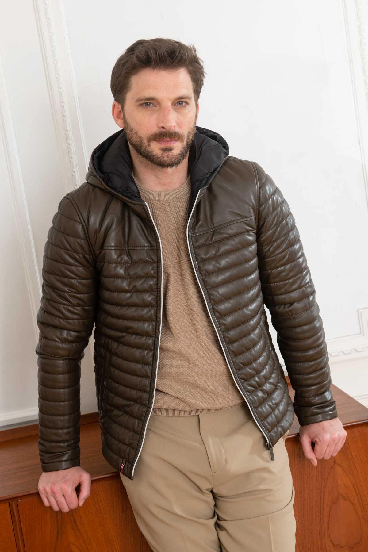 Brown quilted leather jacket - Image n°1