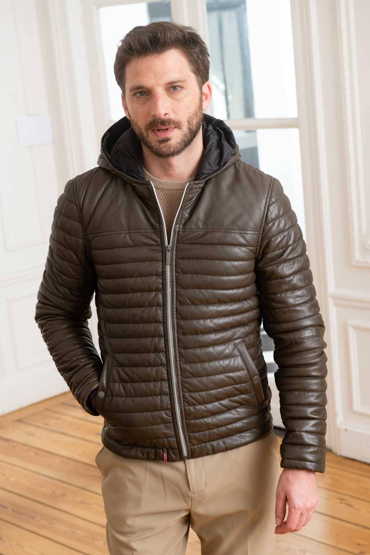 Brown quilted leather jacket - Image n°3