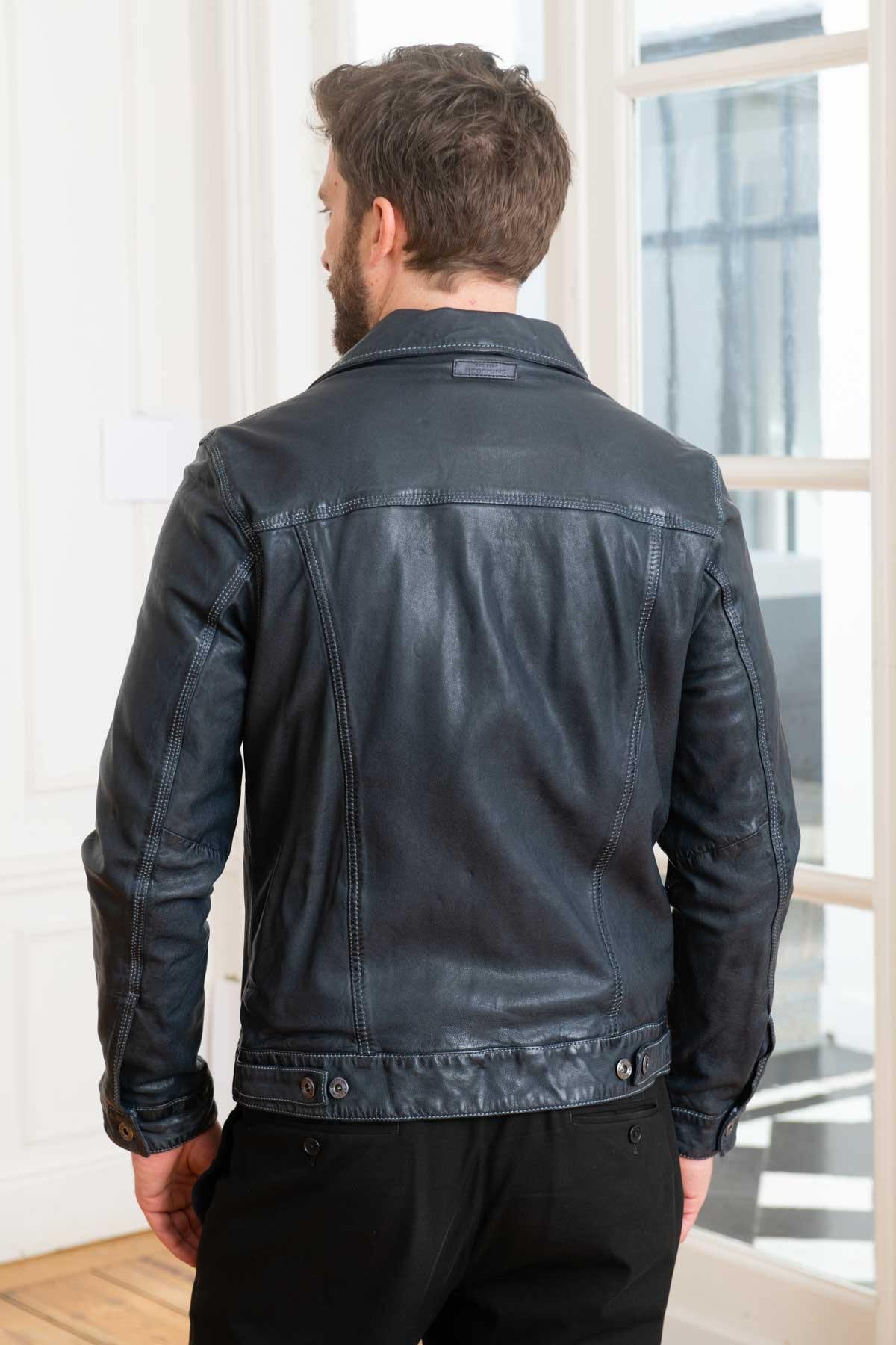 Navy blue leather jacket with shirt collar - Image n°5