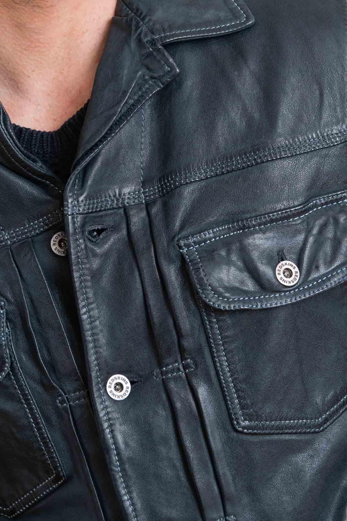 Navy blue leather jacket with shirt collar - Image n°6