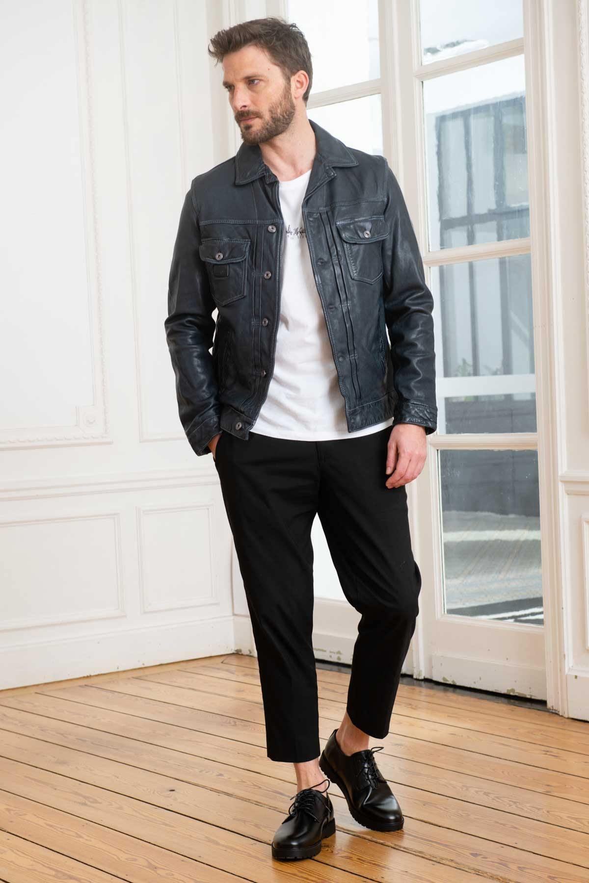 Navy blue leather jacket with shirt collar - Image n°2