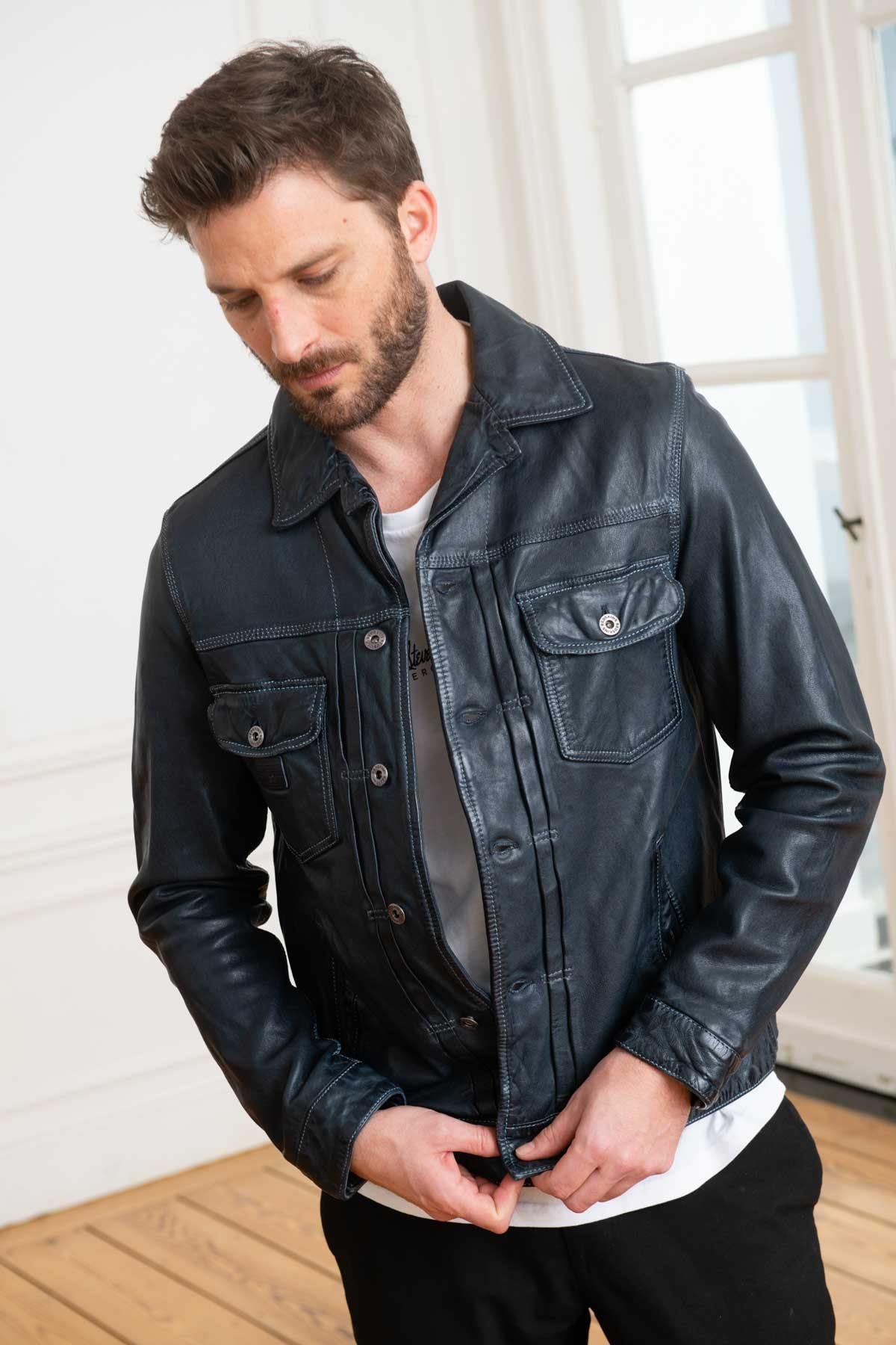 Navy blue leather jacket with shirt collar - Image n°1