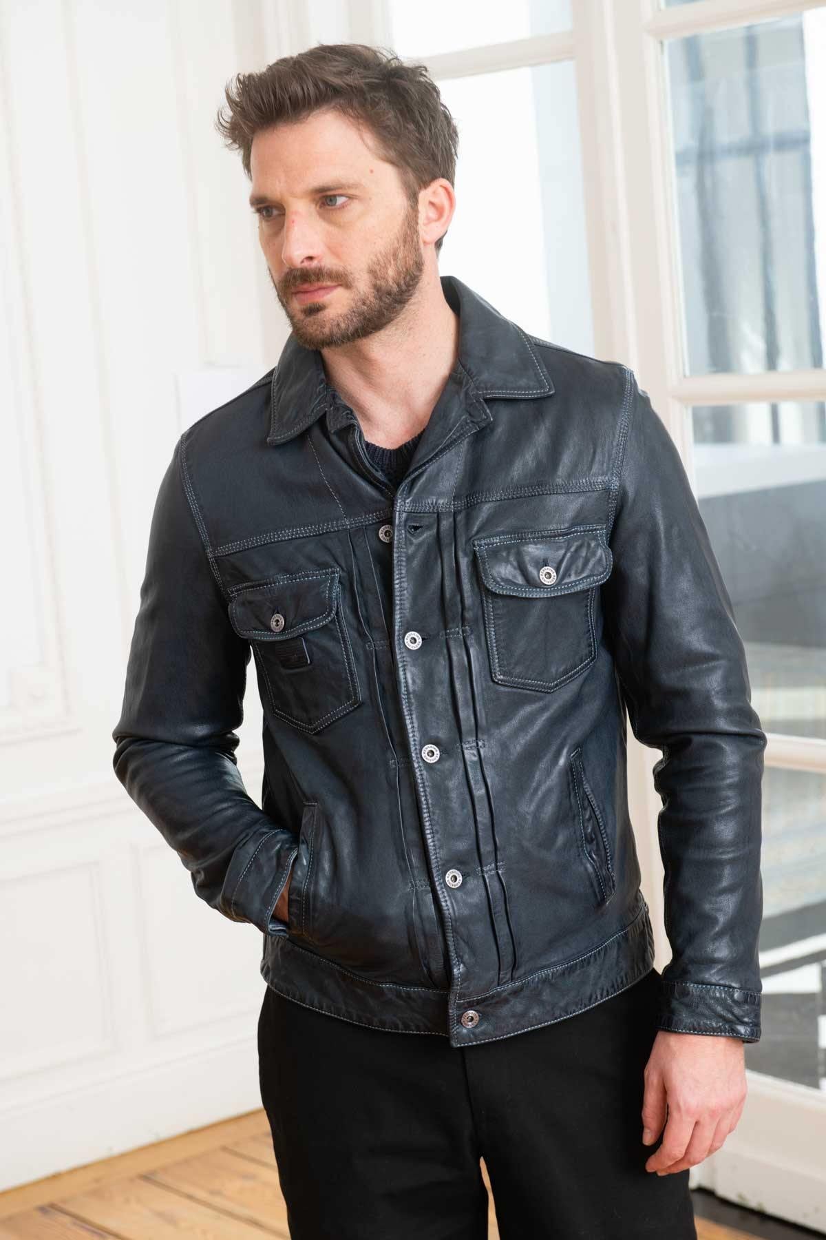 Navy blue leather jacket with shirt collar - Image n°4