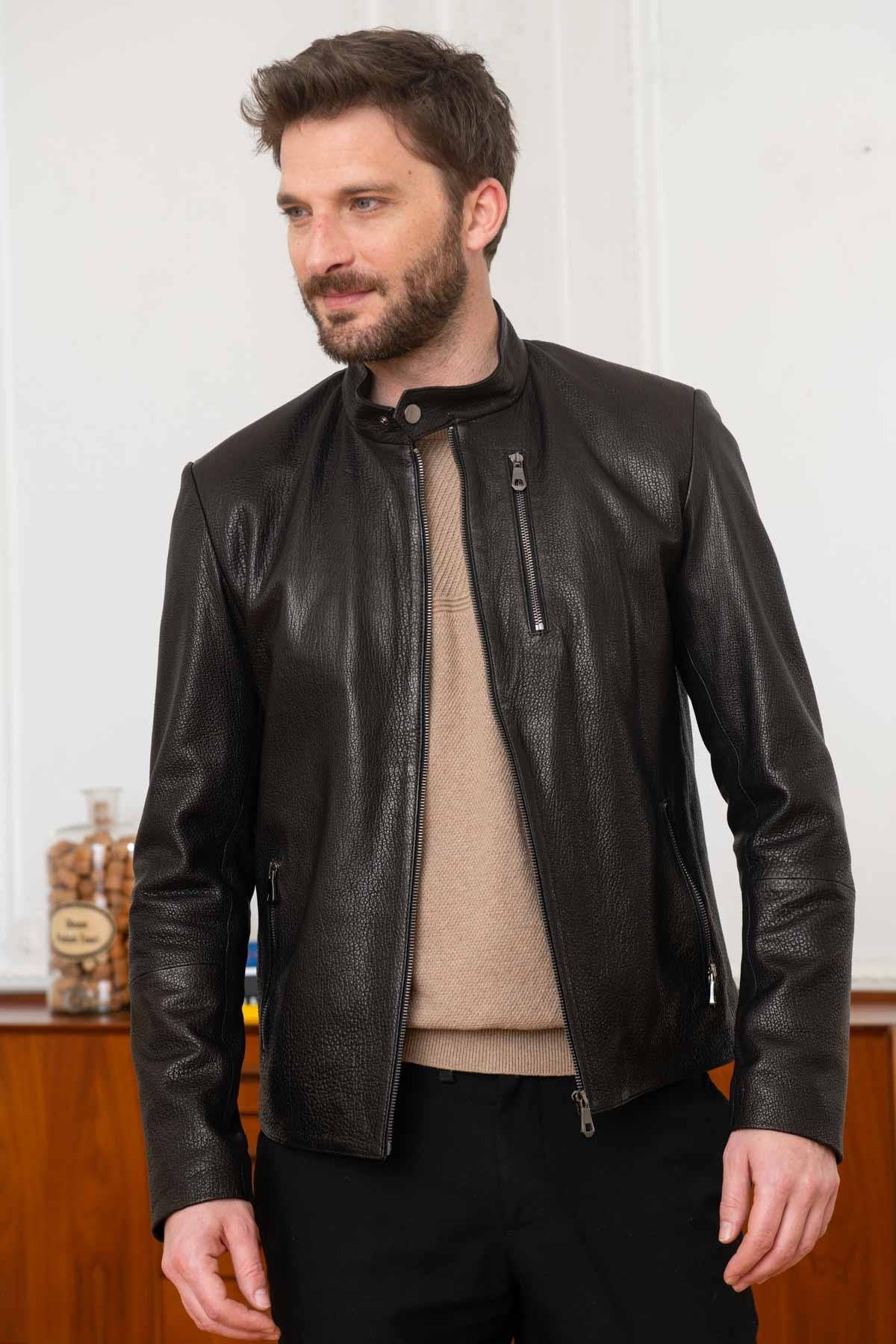 Black grained leather jacket - Image n°1