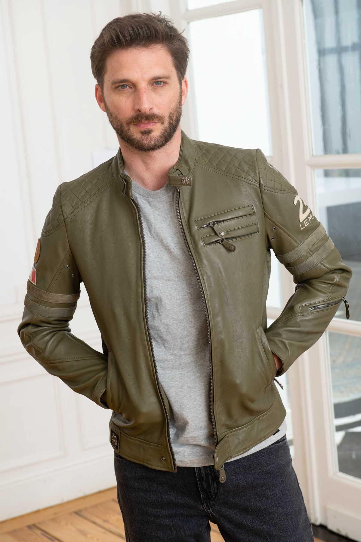 Khaki sheepskin leather jacket - Image n°1