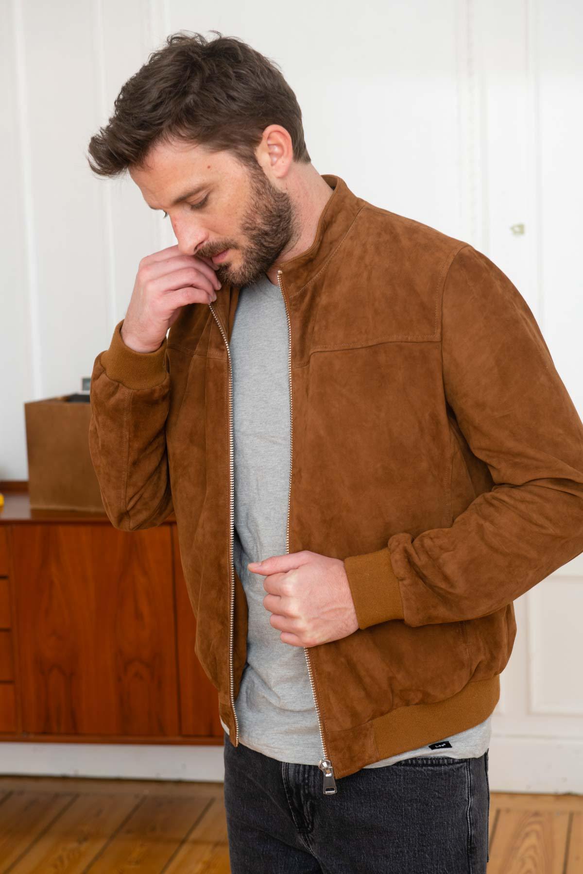 Men's Cognac suede leather jacket - Image n°1