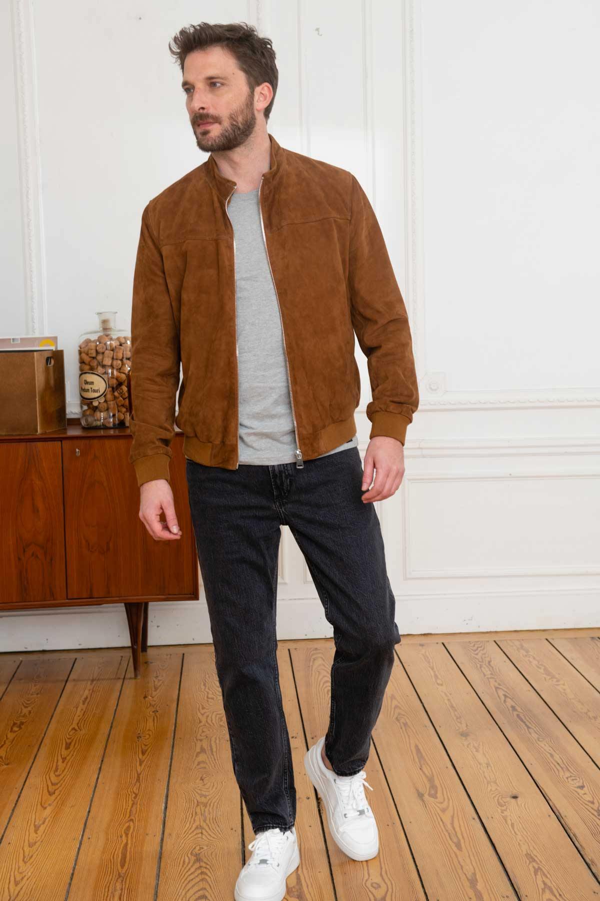 Men's Cognac suede leather jacket - Image n°2