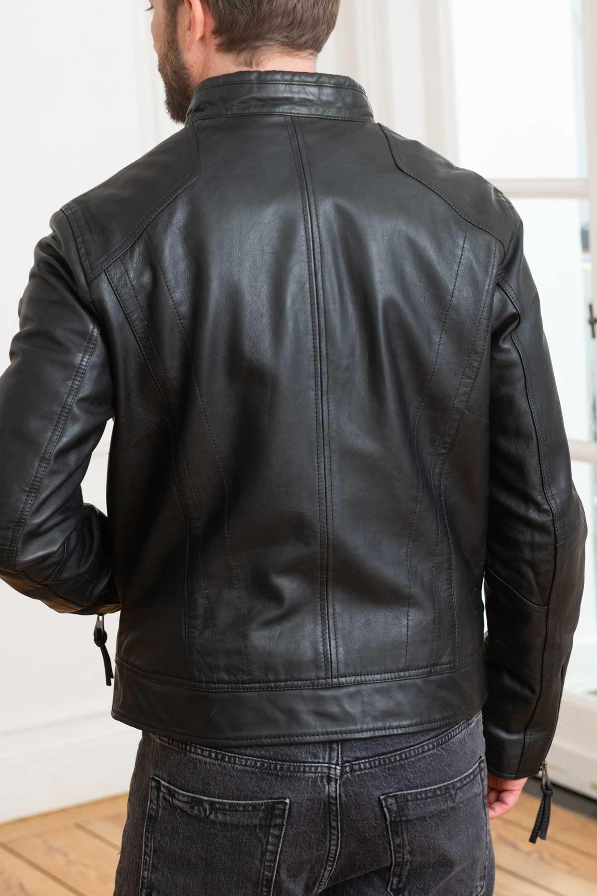 Black leather jacket with biker collar - Image n°5