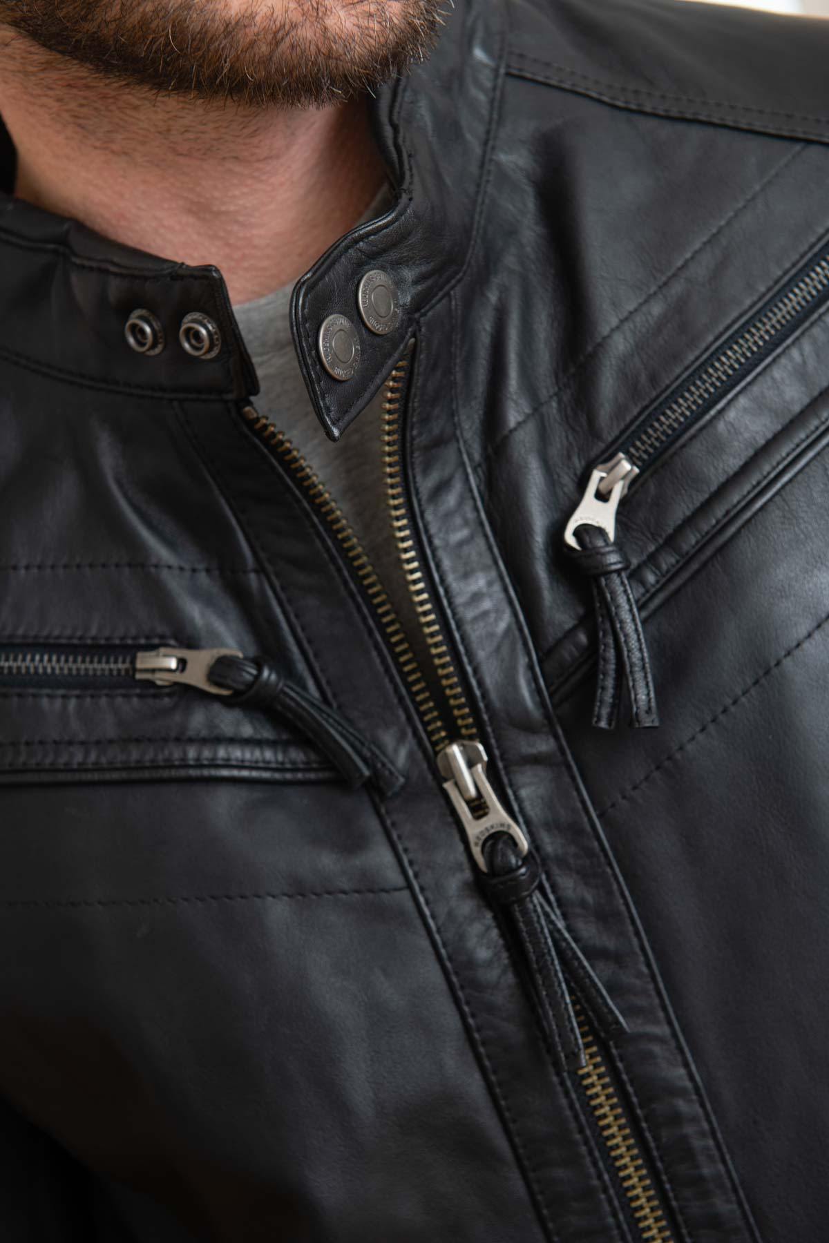 Black leather jacket with biker collar - Image n°6