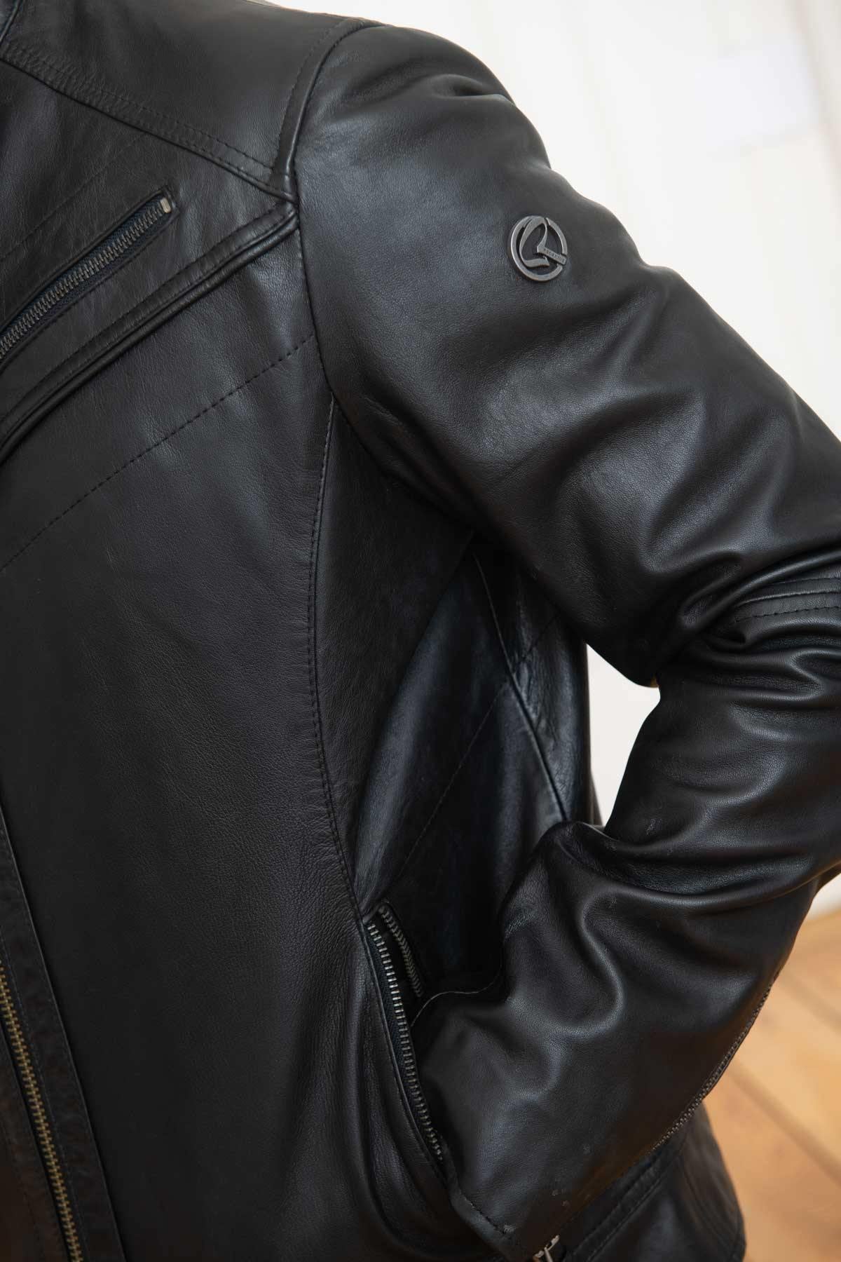 Black leather jacket with biker collar - Image n°7