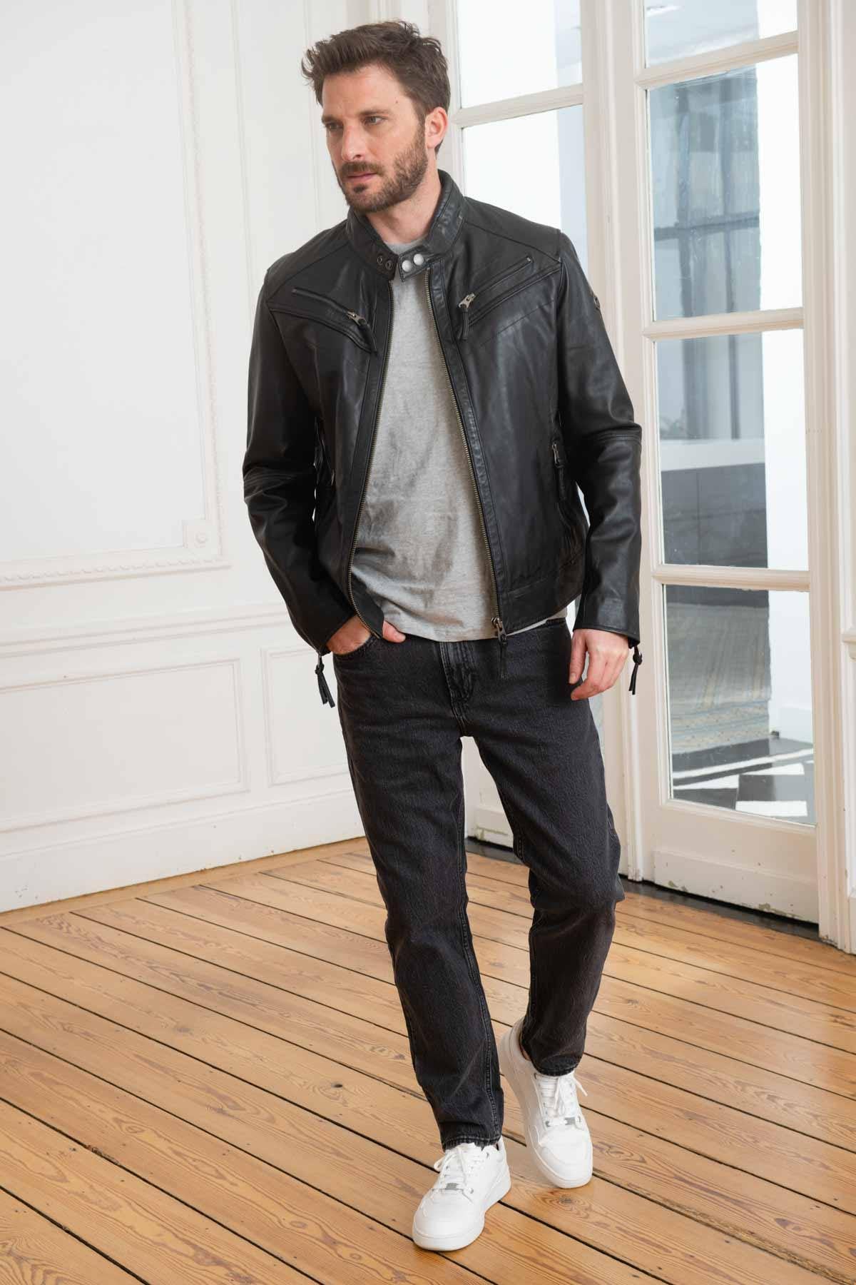 Black leather jacket with biker collar - Image n°2