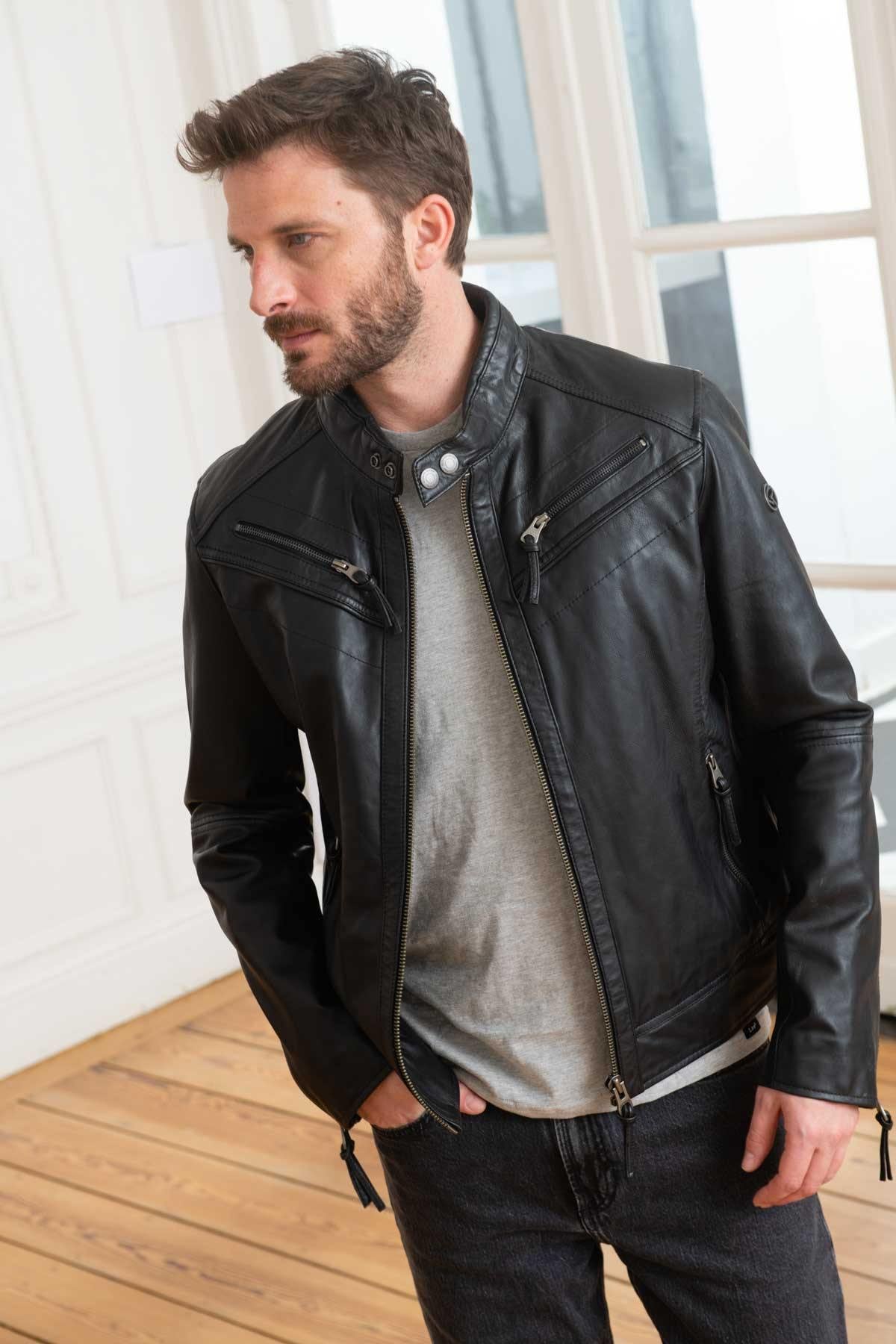 Black leather jacket with biker collar - Image n°3