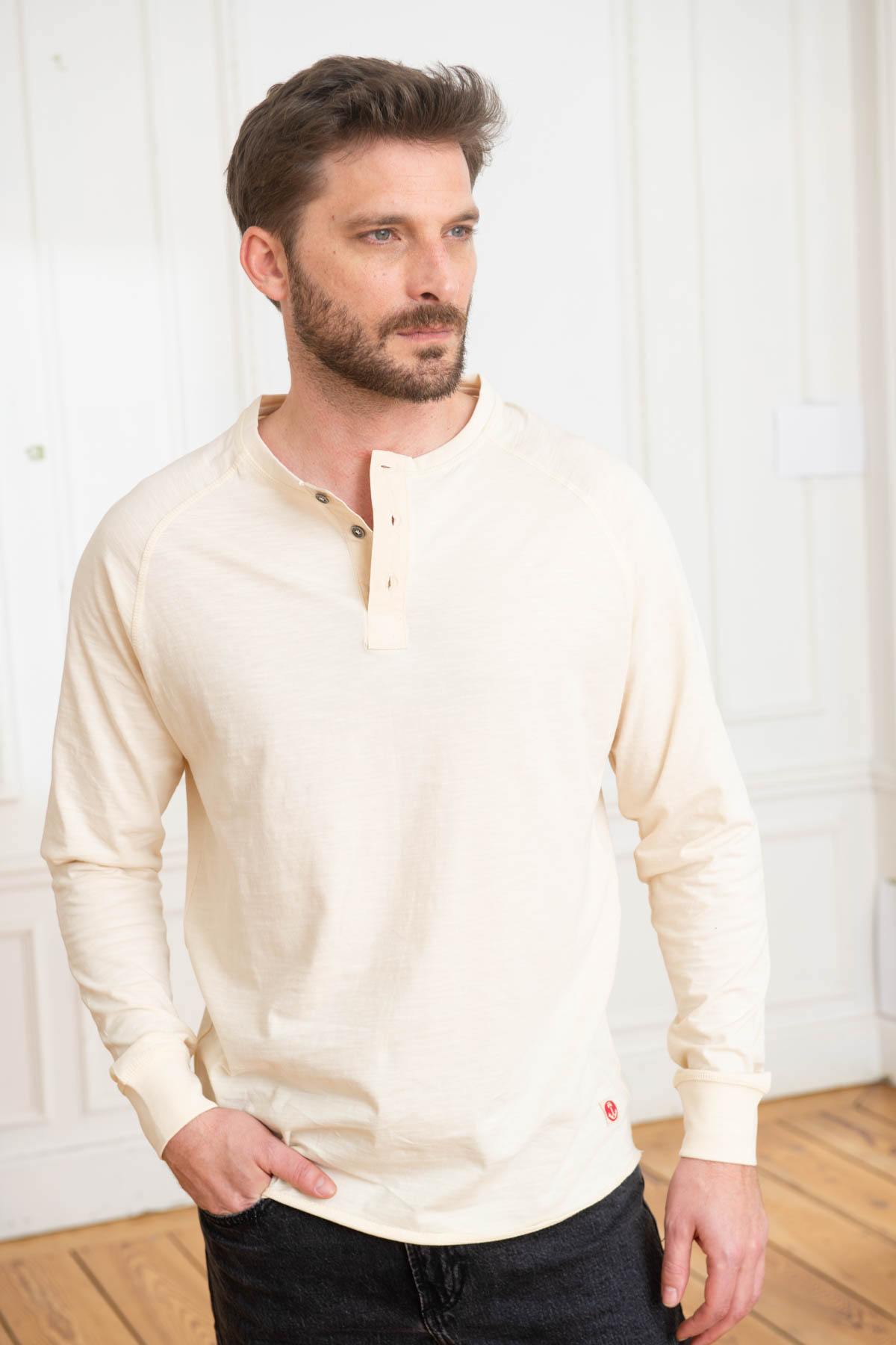 Ecru cotton buttoned collar T-shirt - Image n°1