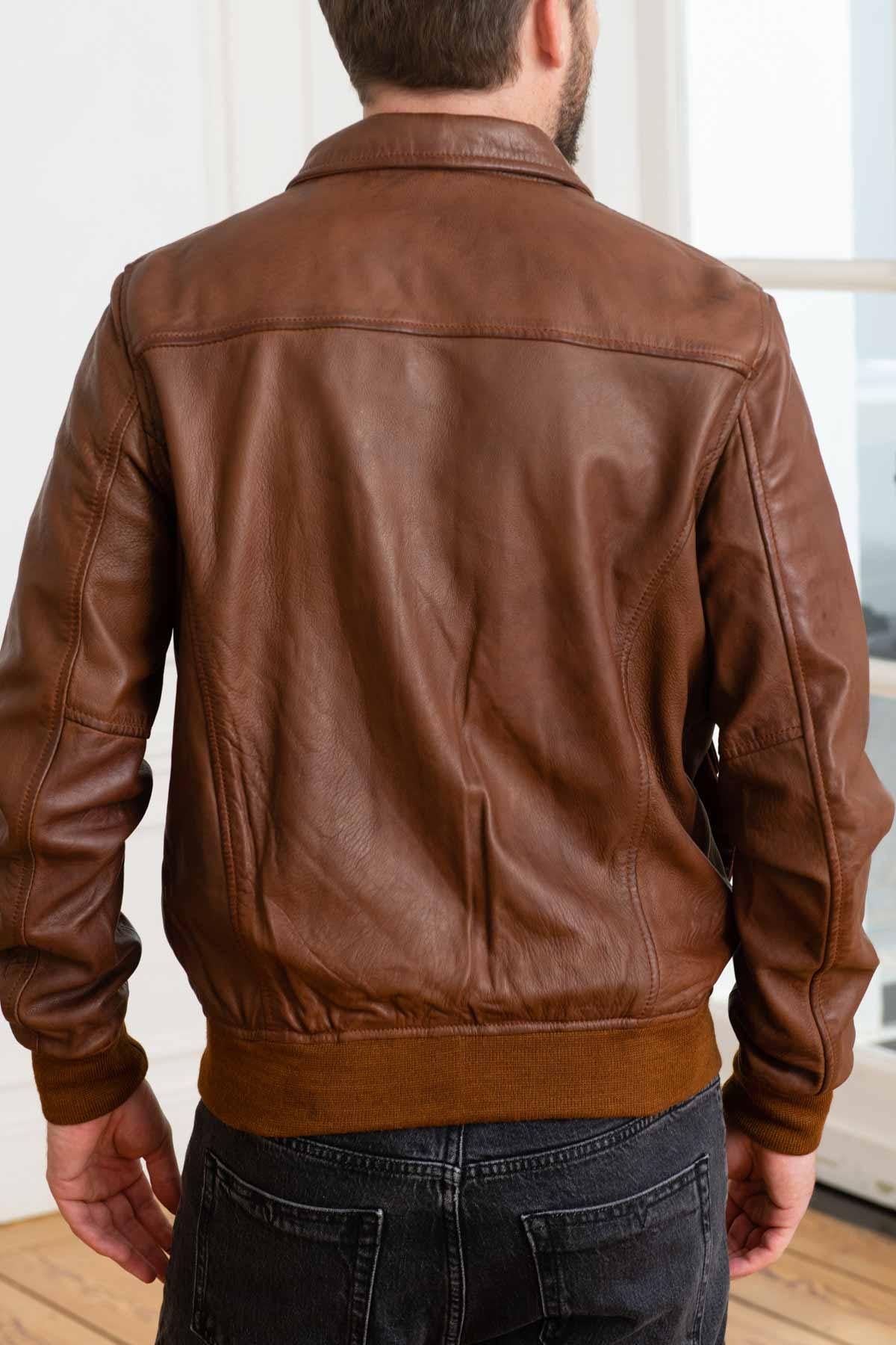 Vintage style leather jacket in cognac color - Image n°6