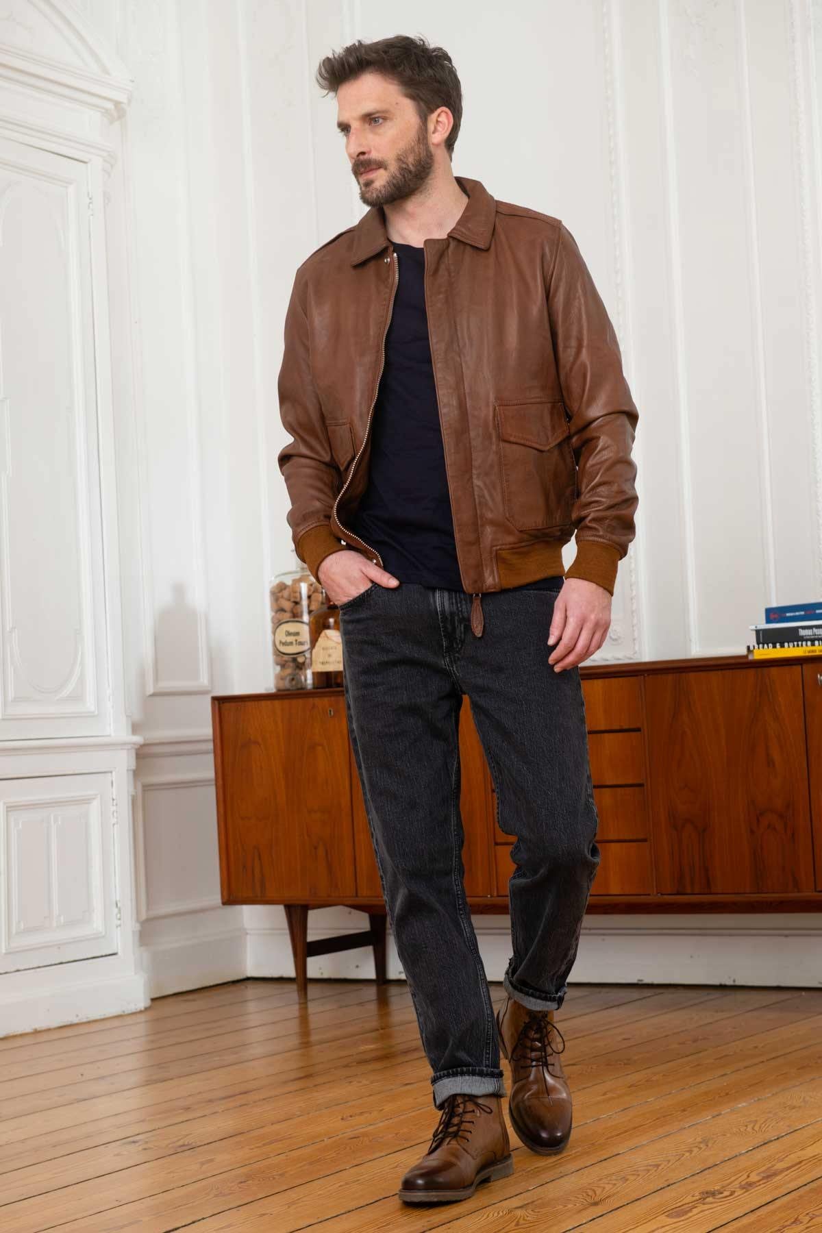 Vintage style leather jacket in cognac color - Image n°2