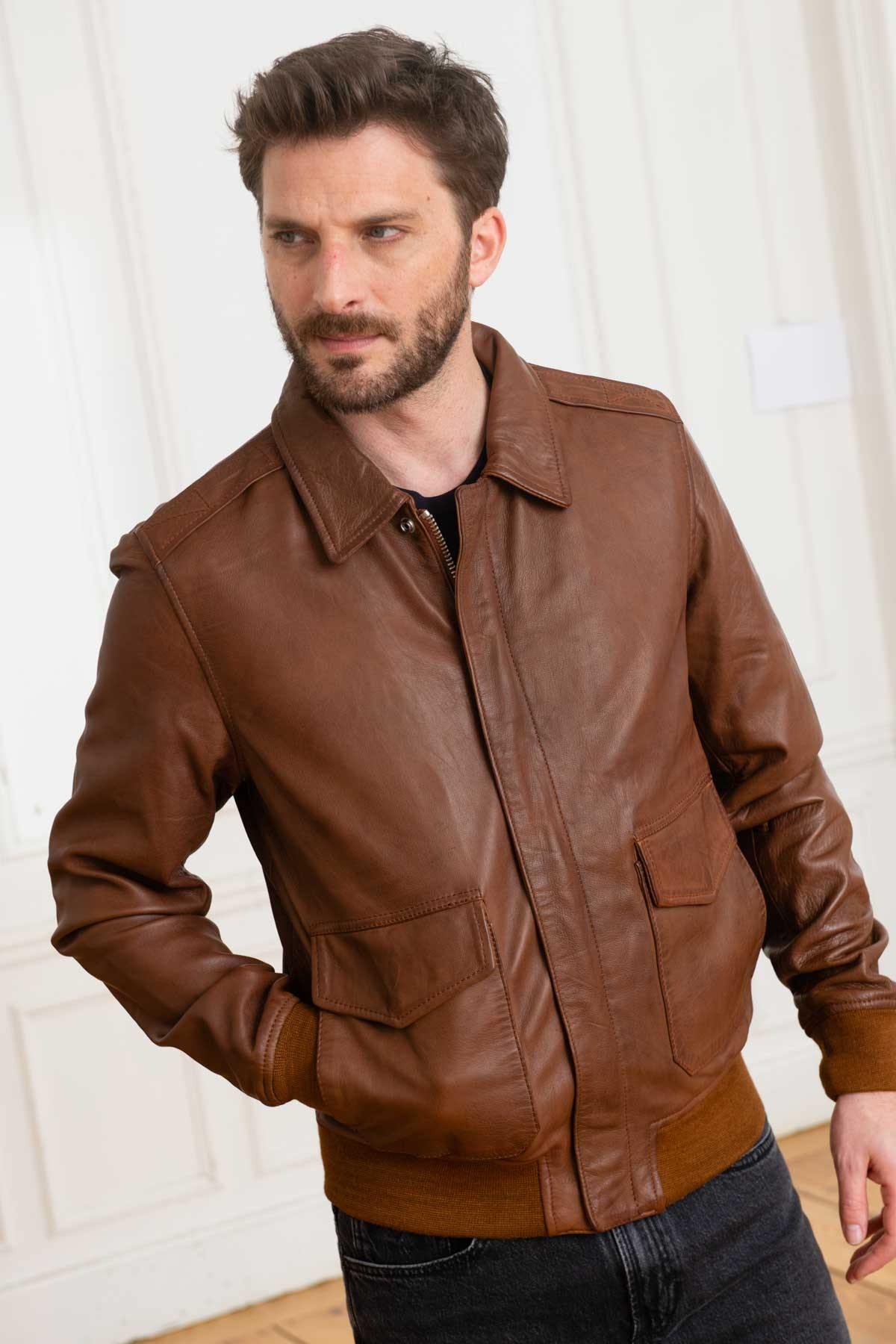 Vintage style leather jacket in cognac color - Image n°4