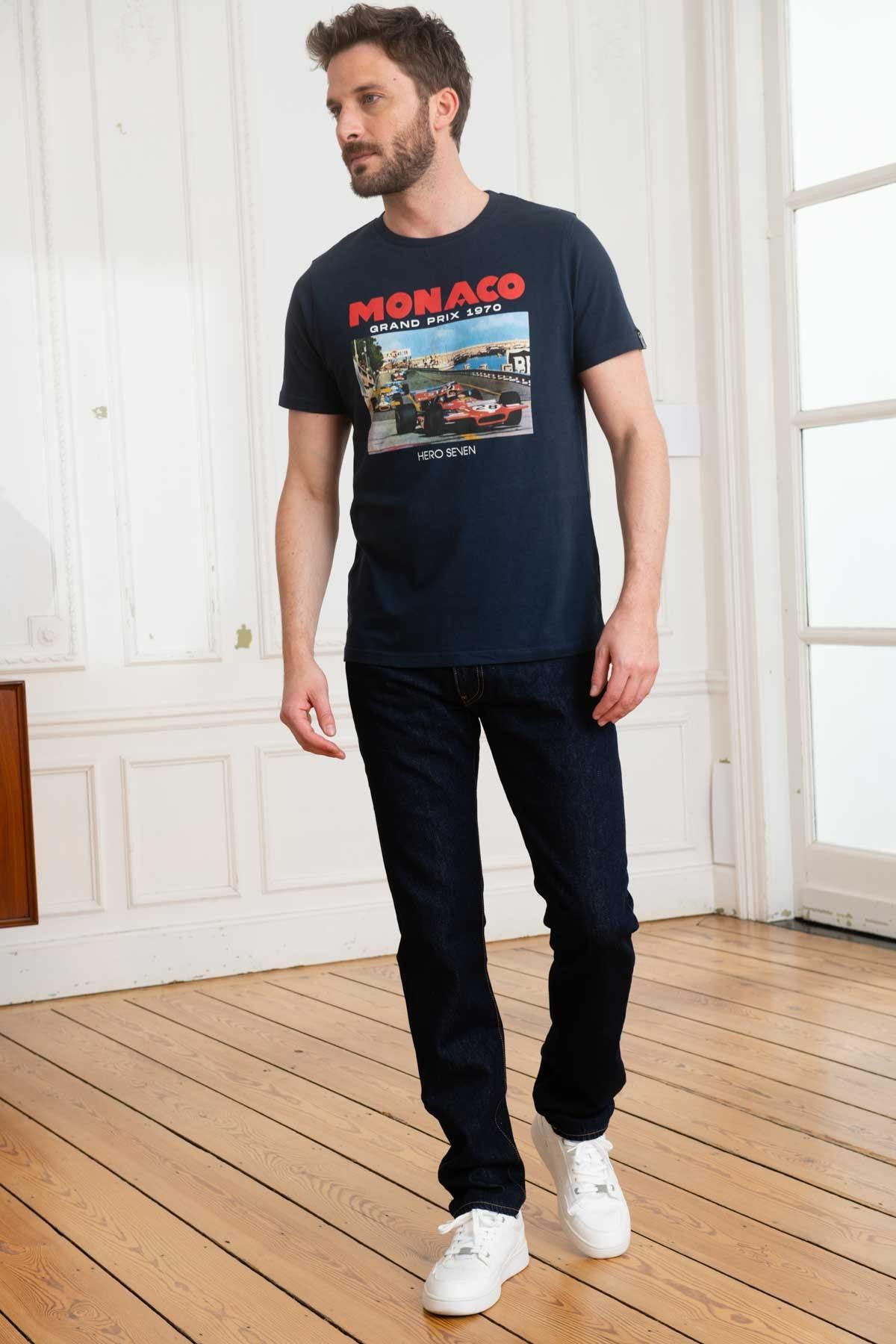 Navy blue printed cotton T-shirt - Image n°3