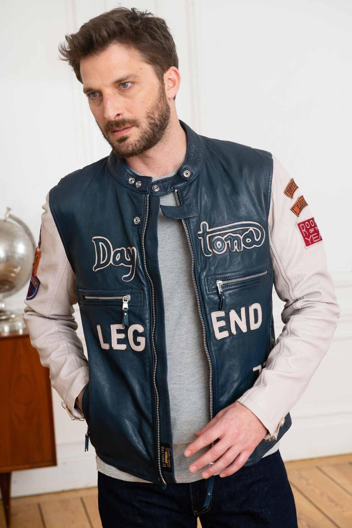 Blue/ecru patched leather jacket with biker collar - Image n°1