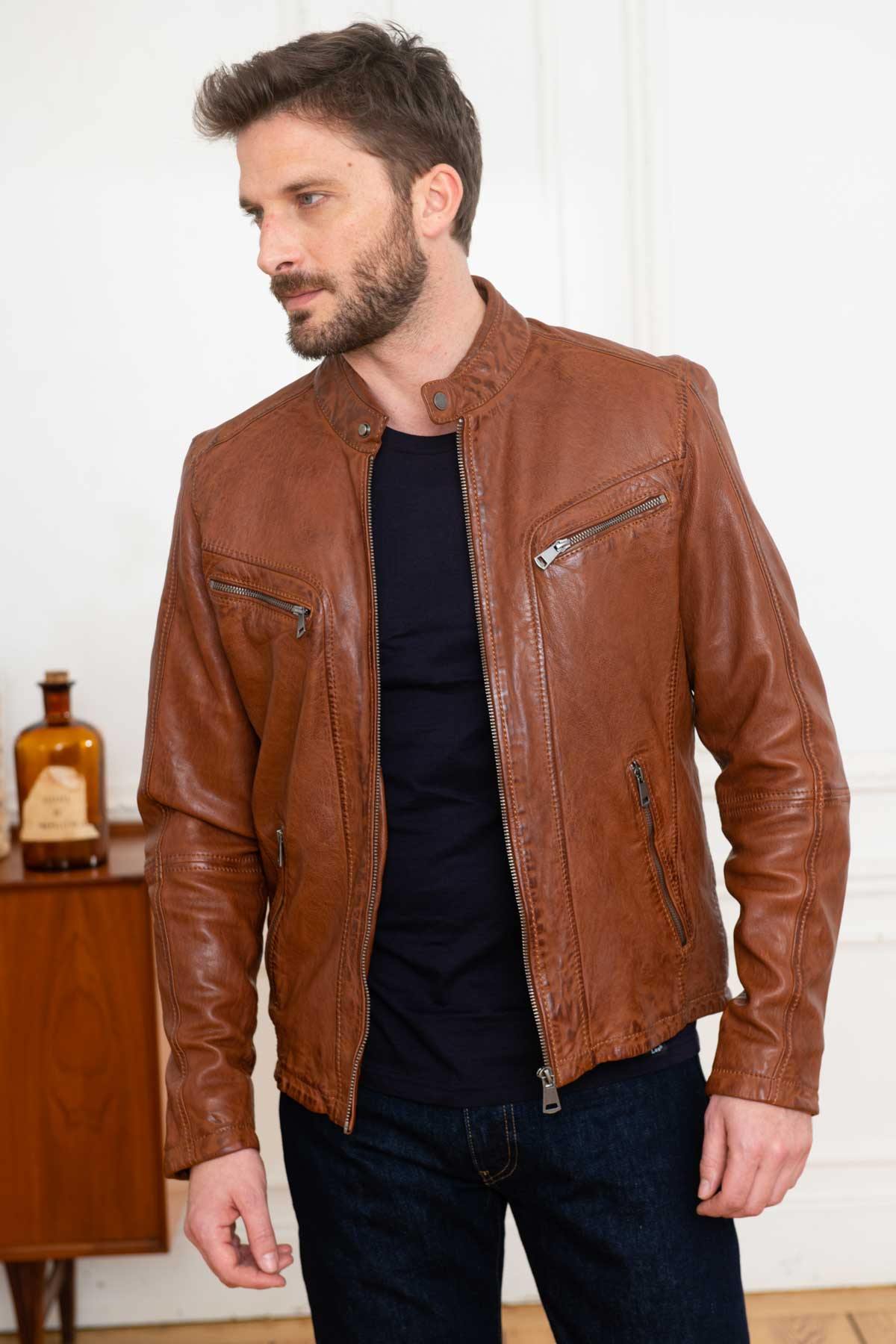 Cognac vegetable leather jacket with biker collar - Image n°4