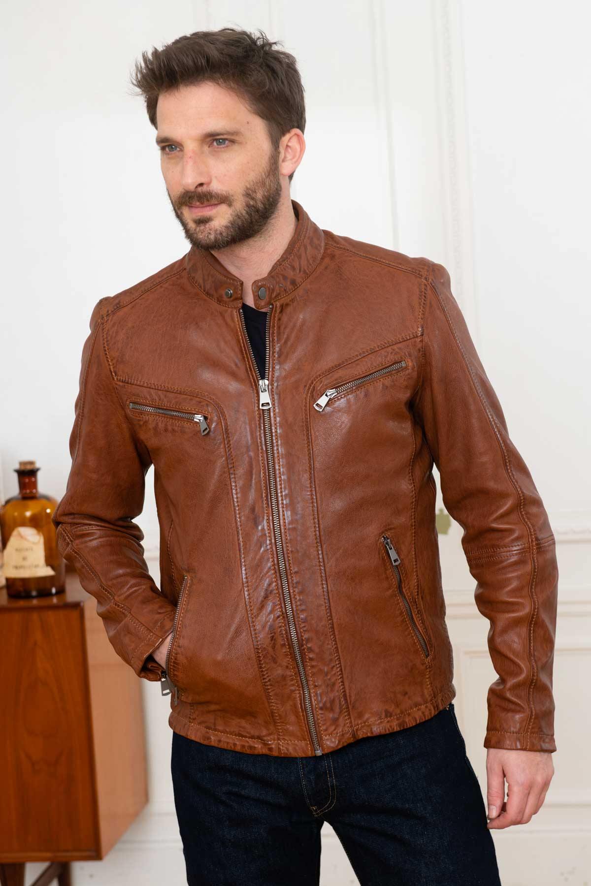 Cognac vegetable leather jacket with biker collar - Image n°2