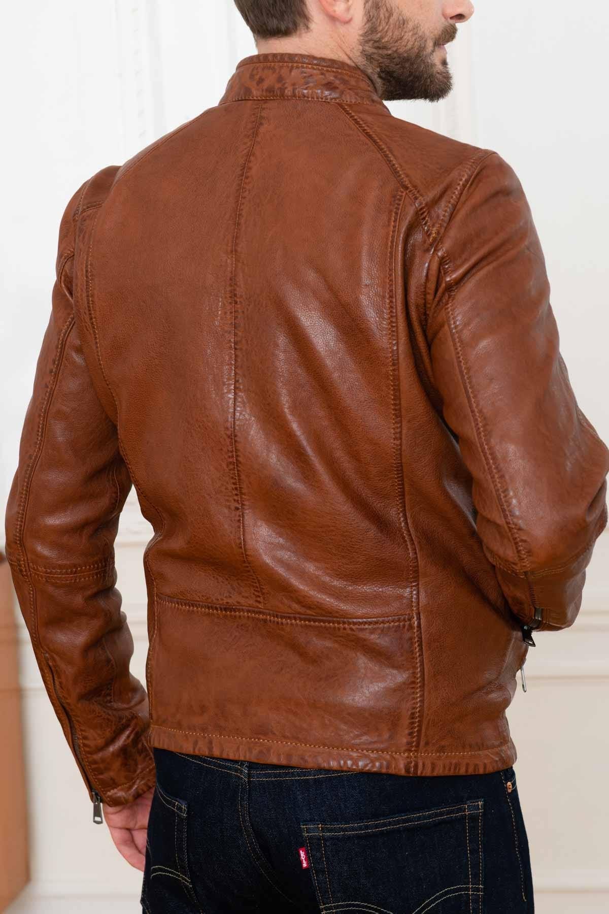 Cognac vegetable leather jacket with biker collar - Image n°6