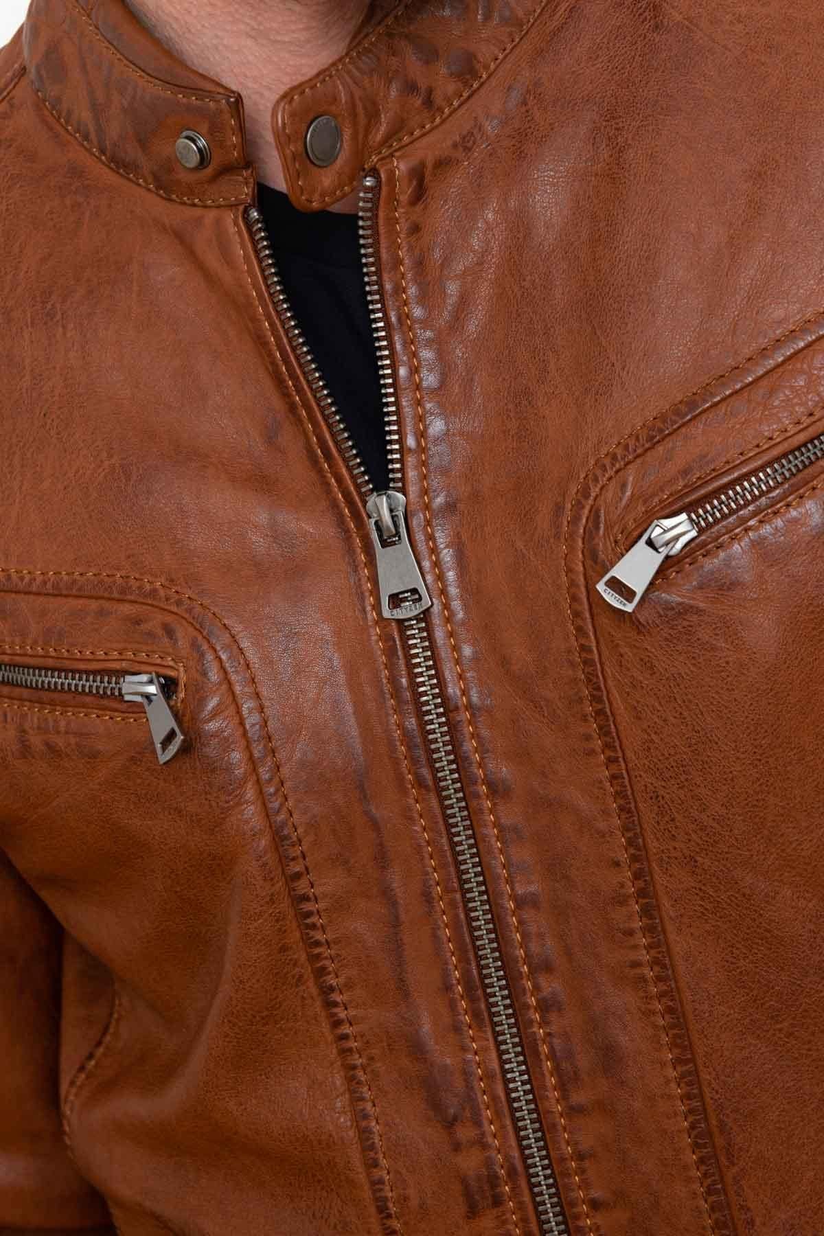 Cognac vegetable leather jacket with biker collar - Image n°7