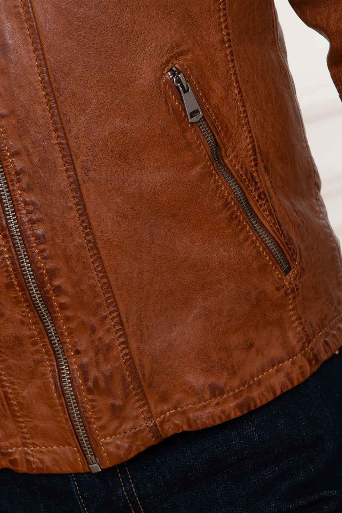 Cognac vegetable leather jacket with biker collar - Image n°8