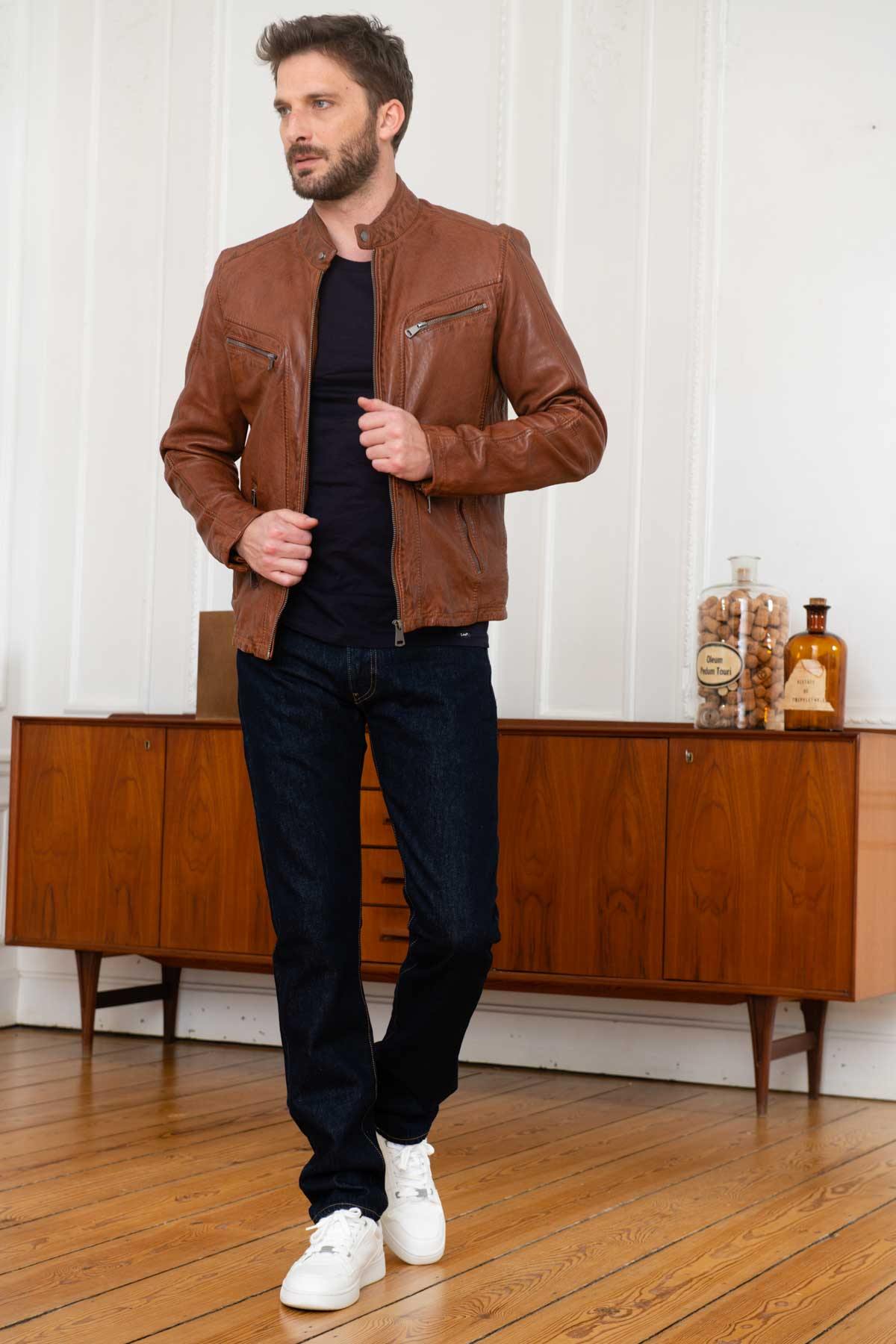 Cognac vegetable leather jacket with biker collar - Image n°3