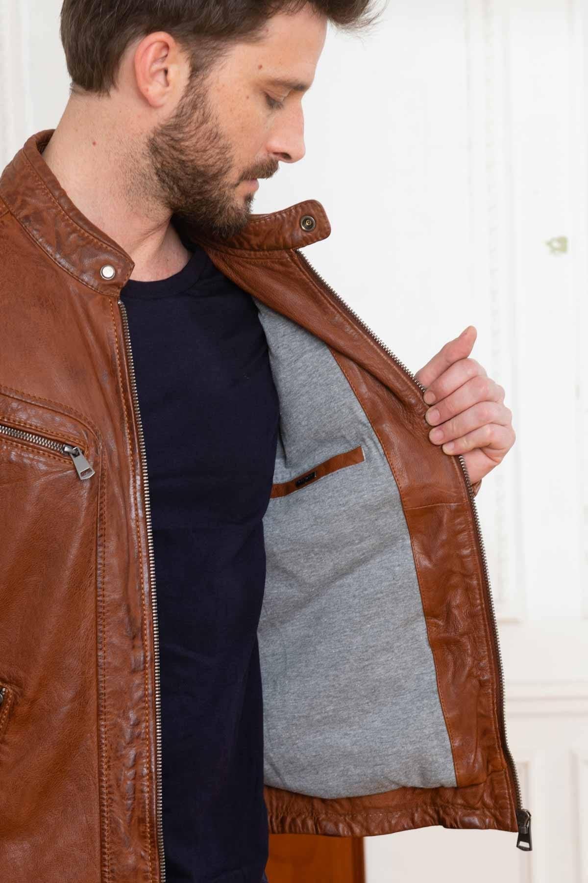 Cognac vegetable leather jacket with biker collar - Image n°5