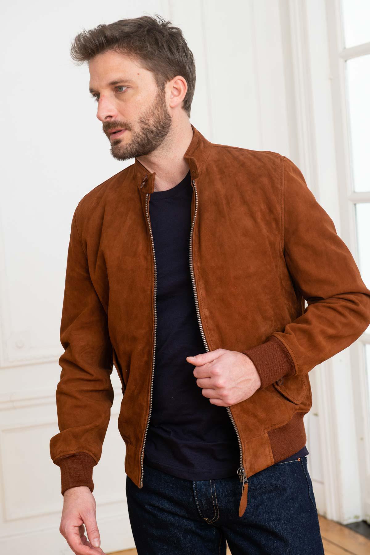 Cognac biker collar suede leather jacket - Image n°1